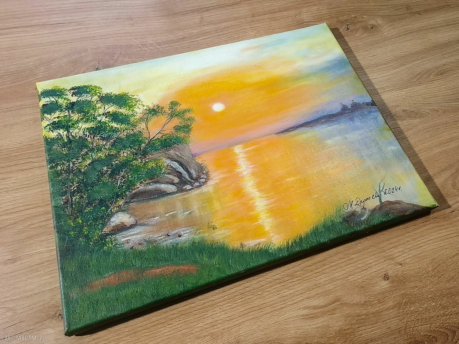 Pejzaż akrylowy ręcznie malowany - Słońce w pomarańczu (zachód słońca nad wodą) 30x40