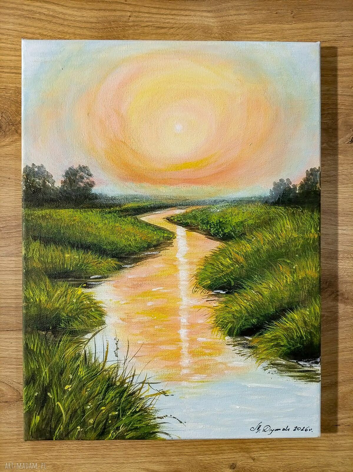 Pejzaż akrylowy „Dotyk Ciepła” - ciepły zachód słońca, 40x30 cm na płótnie