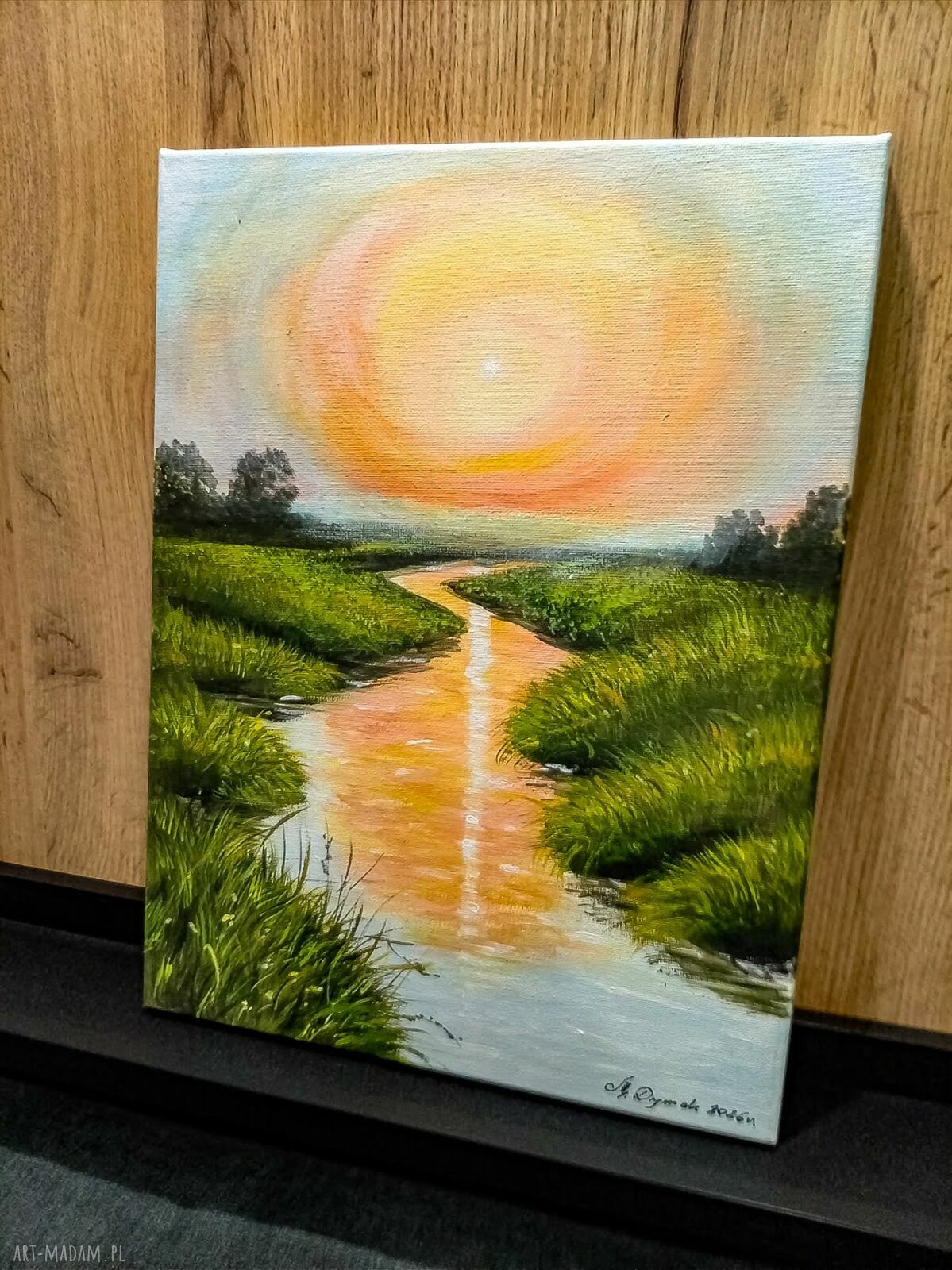 Pejzaż akrylowy „Dotyk Ciepła” - ciepły zachód słońca, 40x30 cm na płótnie