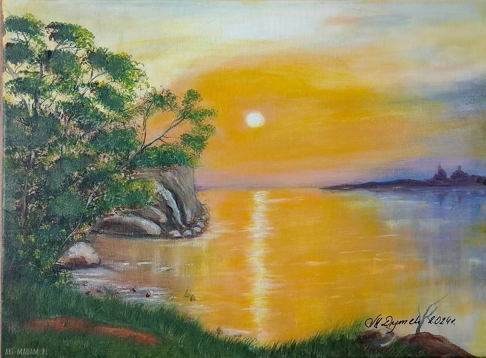 Pejzaż akrylowy ręcznie malowany - Słońce w pomarańczu zachód słońca nad wodą 30x40