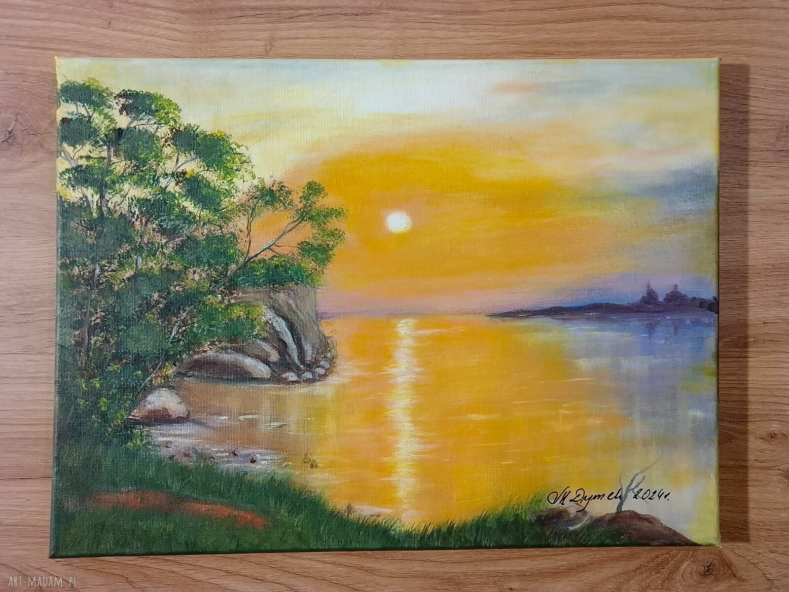 Pejzaż akrylowy ręcznie malowany - Słońce w pomarańczu (zachód słońca nad wodą) 30x40