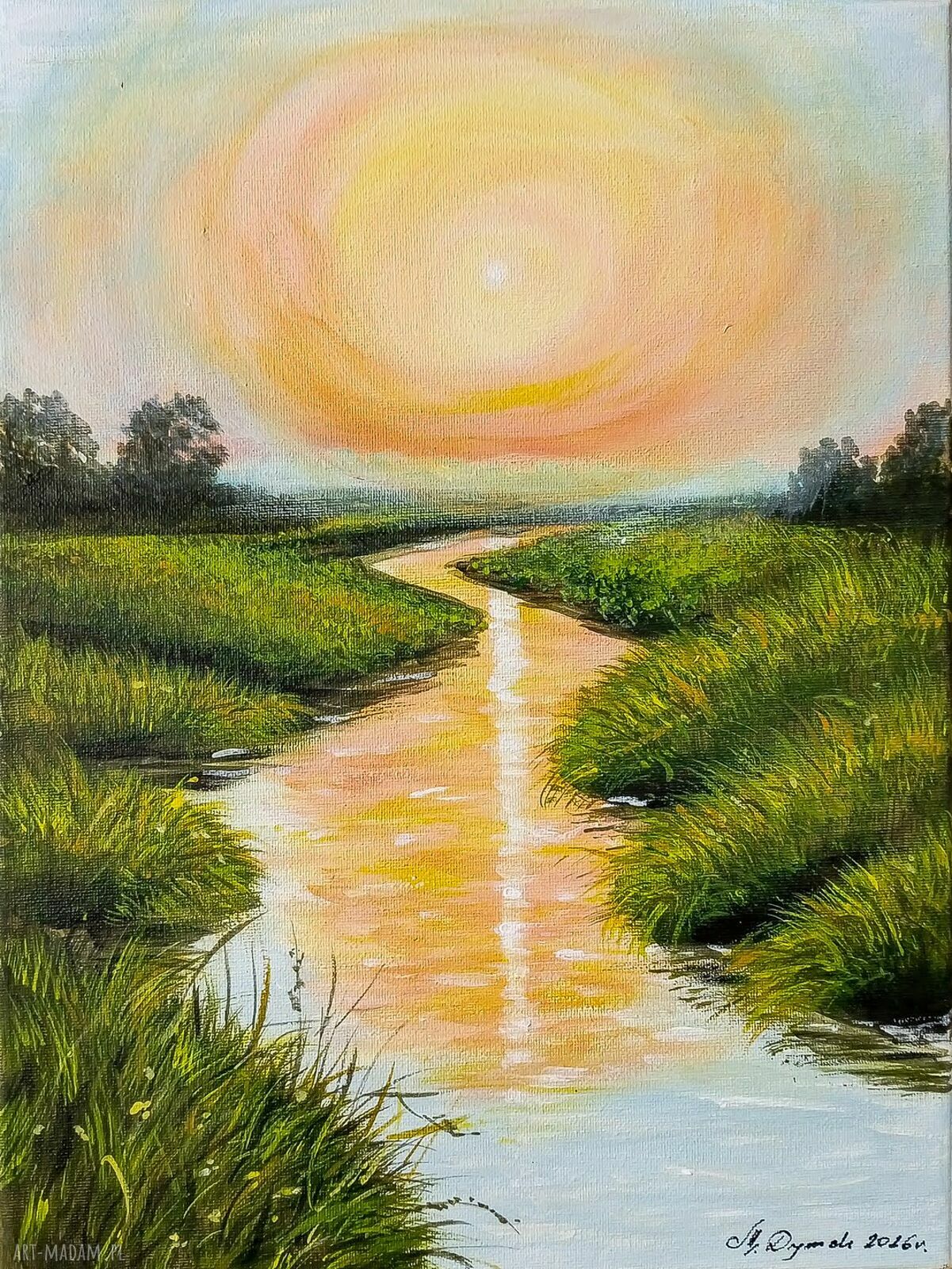 Pejzaż akrylowy „Dotyk Ciepła” - ciepły zachód słońca, 40x30 cm na płótnie