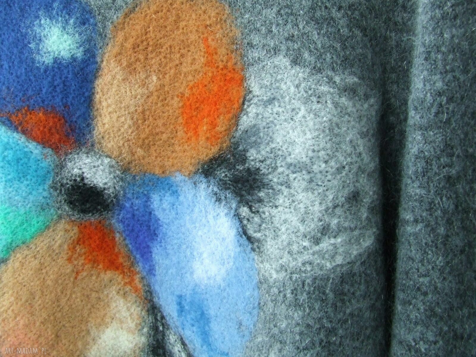 Klasyczny szary ciepły sweter L z wełną i moherem - filcowane kwiaty (Anita Palmer Art)