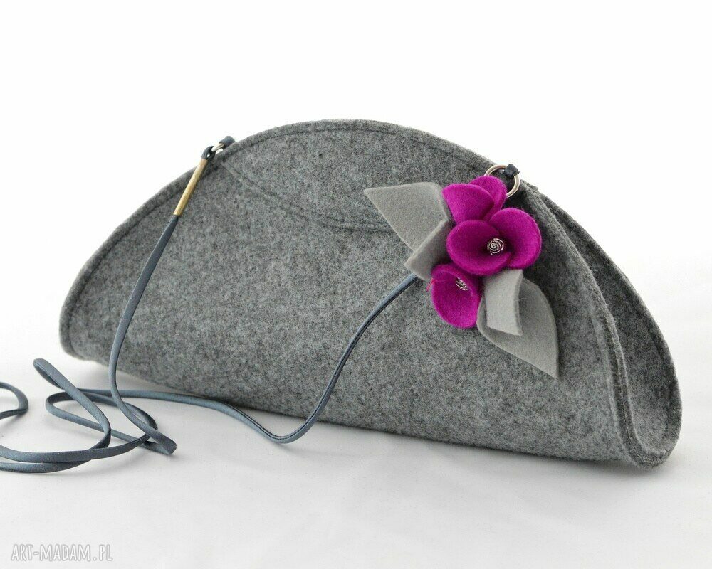 Mała Szara Filcowa Torebka z Fuksjowymi Bratkami HandMade