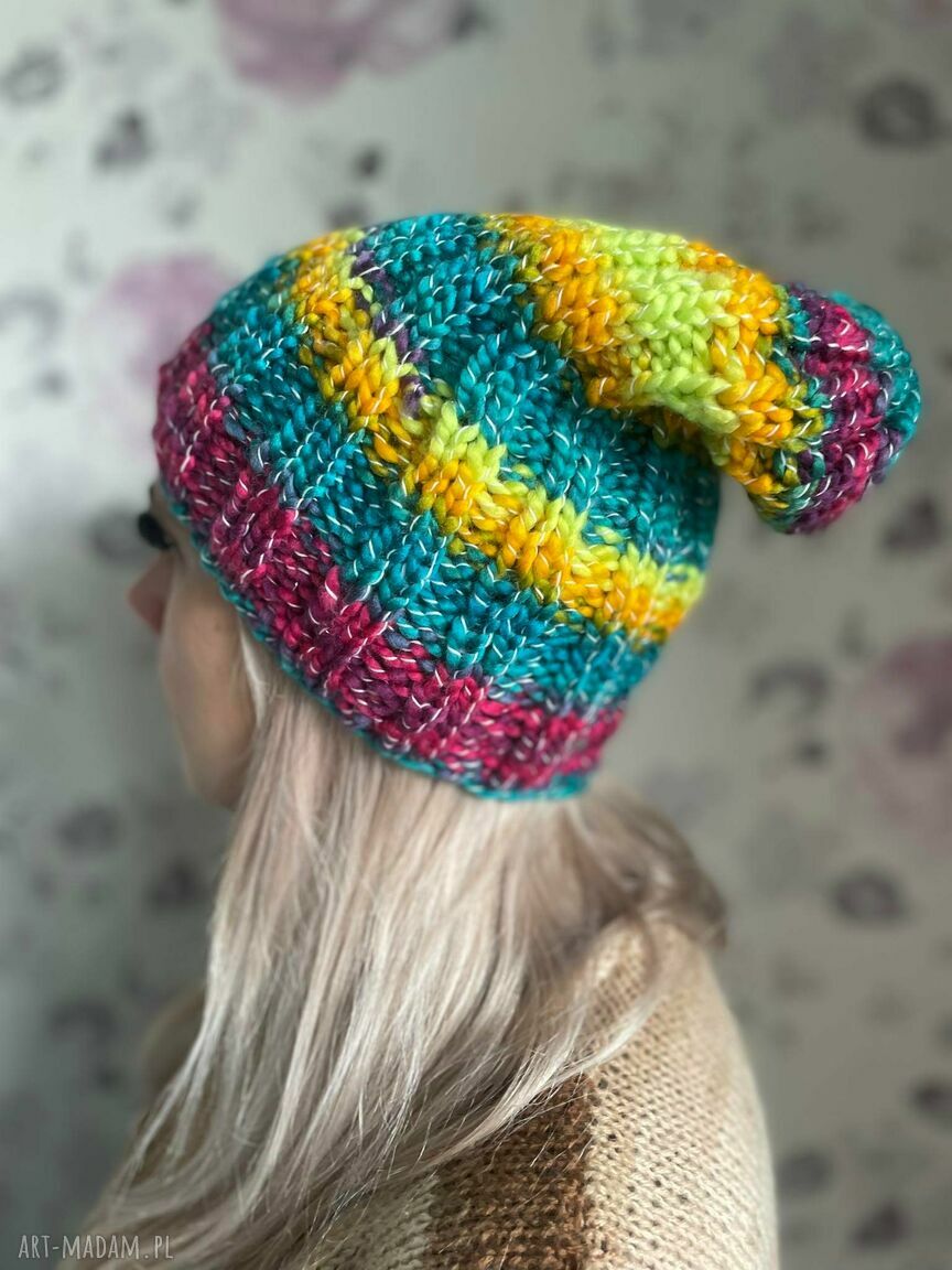 Neonówka - czapka ręcznie robiona na drutach boho damska