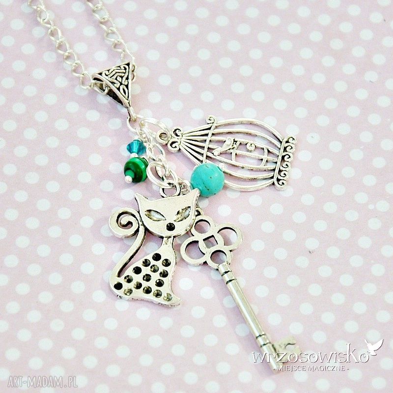 Kot klucznik wisior swarovski turkus klucz klatka romantyczny