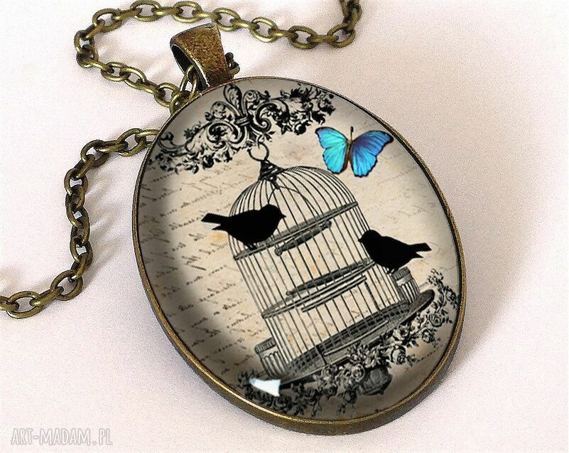 Ptaki klatce owalny medalion łańcuszkiem klatka retro vintage