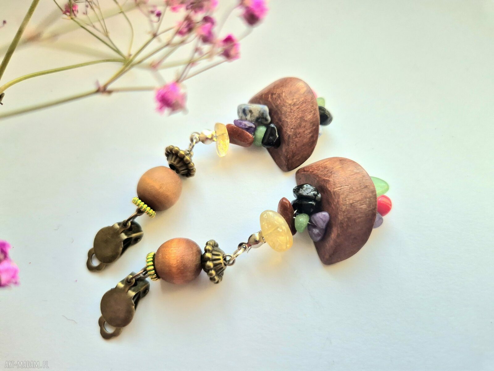 Klipsy boho folk brązowe - Ruda Klara handmade x1