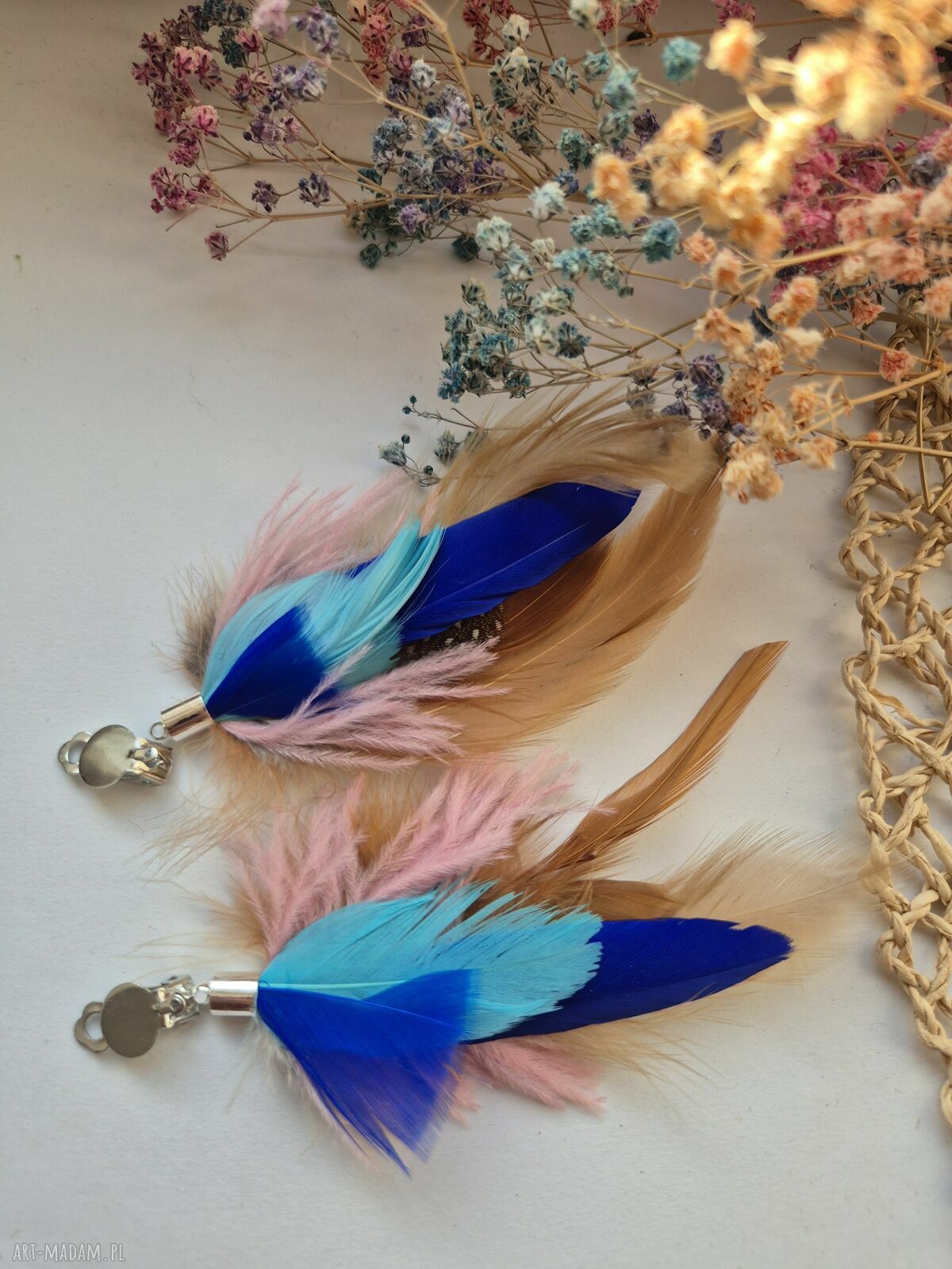 Klipsy brązowo-niebieskie pióra - lekkie i awangardowe handmade