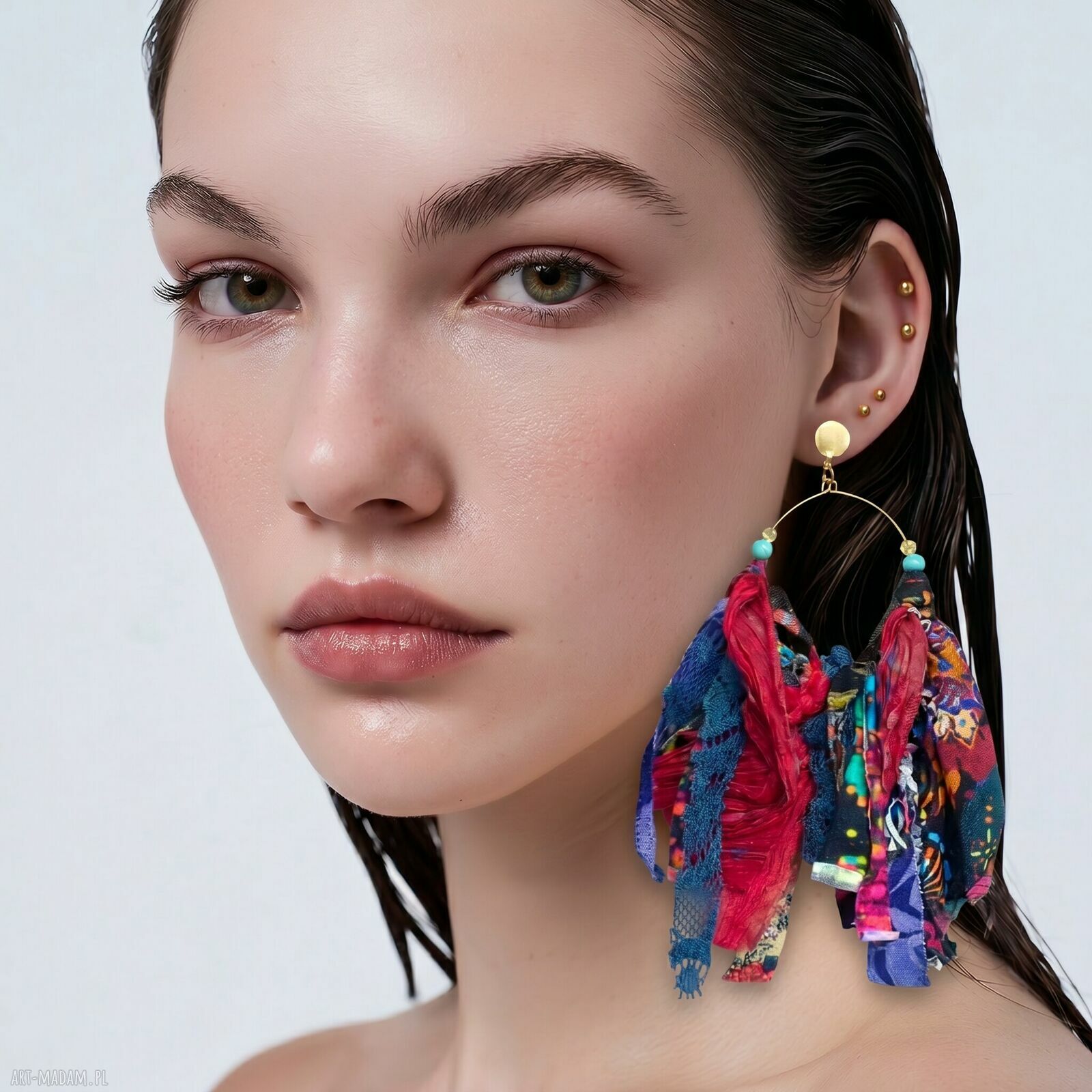 Długie klipsy koła materiałowe boho z żółtymi chwostami - handmade