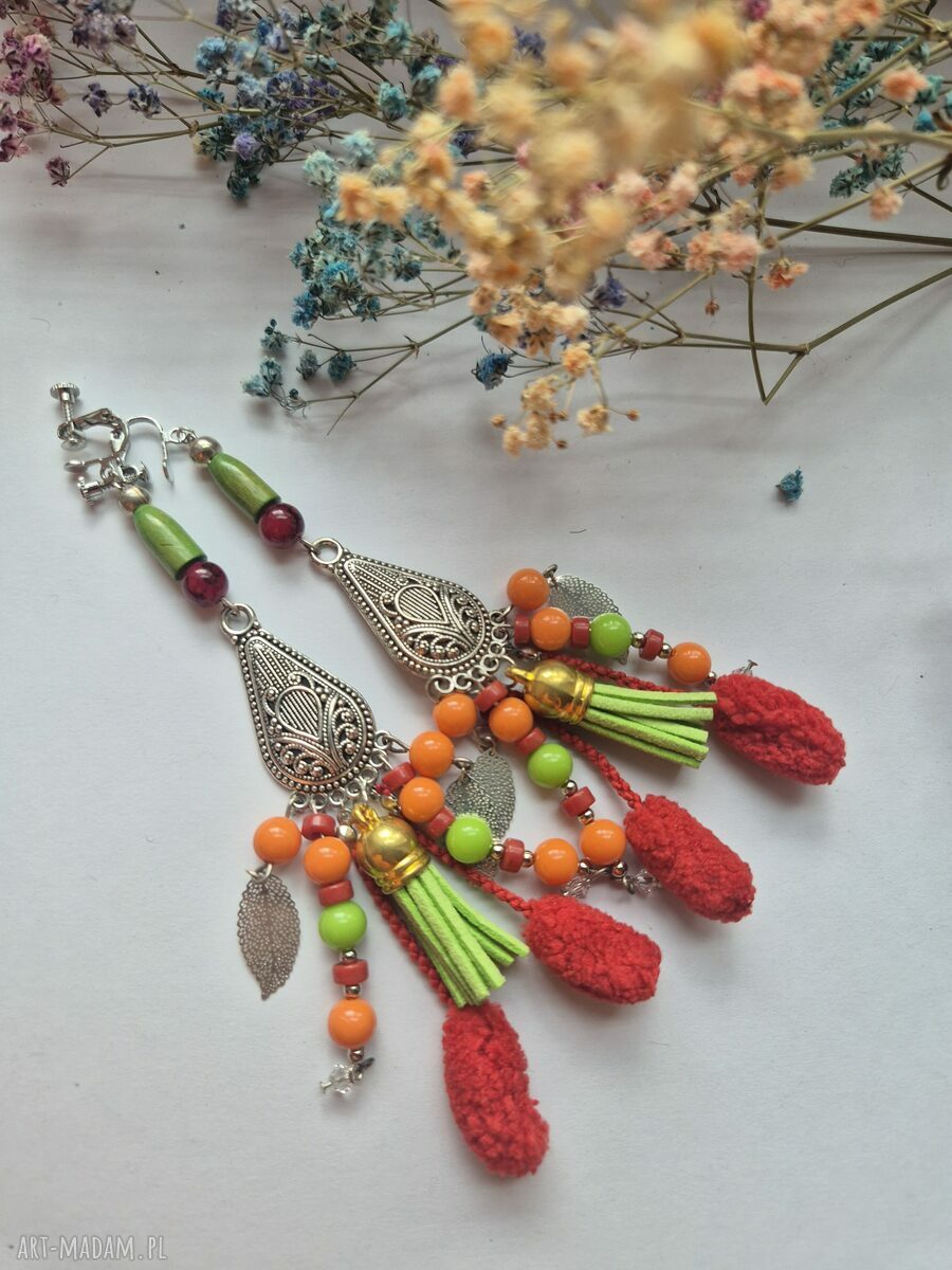 Klipsy długie pompony etno boho Box X1