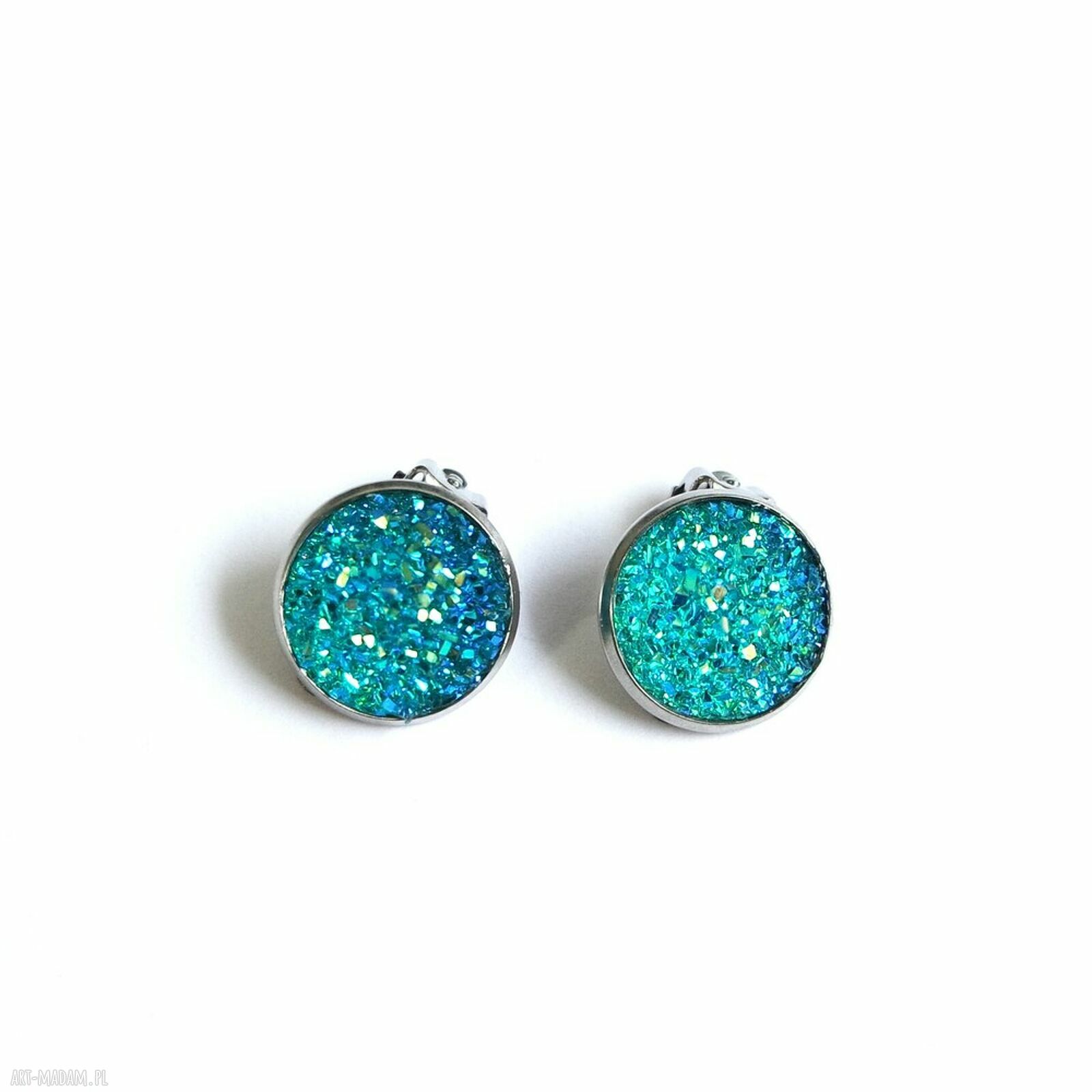 Klipsy Druzy Turkus z Żywicy - stal chirurgiczna w srebrnym kolorze, 14 mm