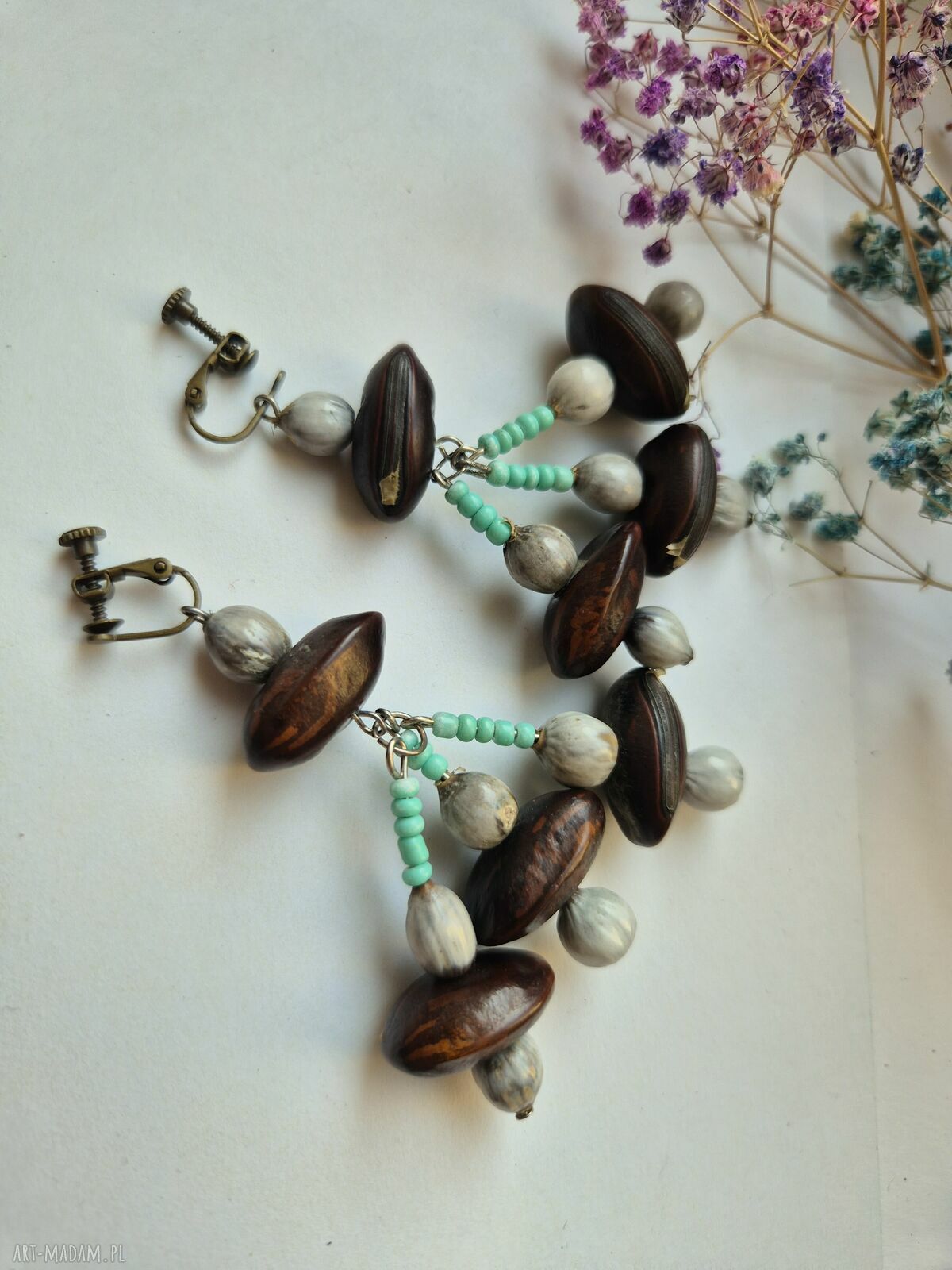 Klipsy koraliki elementy naturalne - duże i lekkie boho, box X1