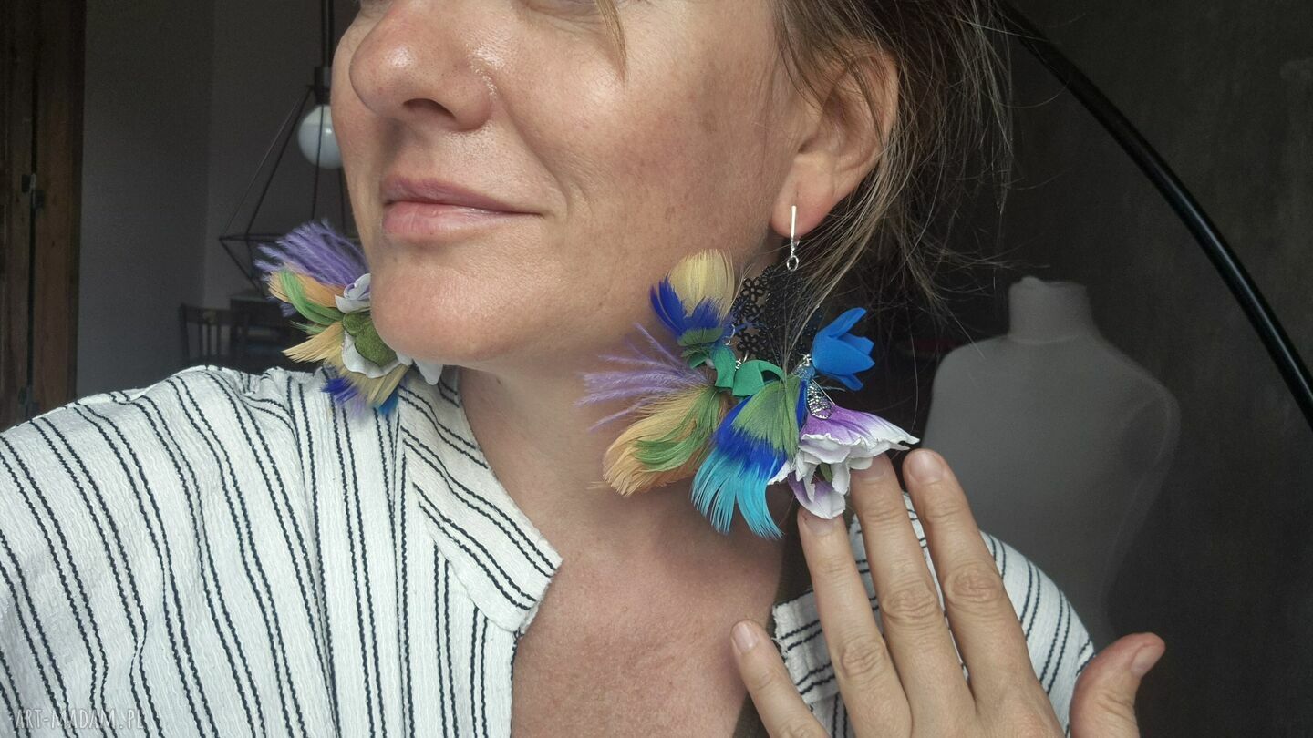 Klipsy pióra i kwiaty - duże boho Frida