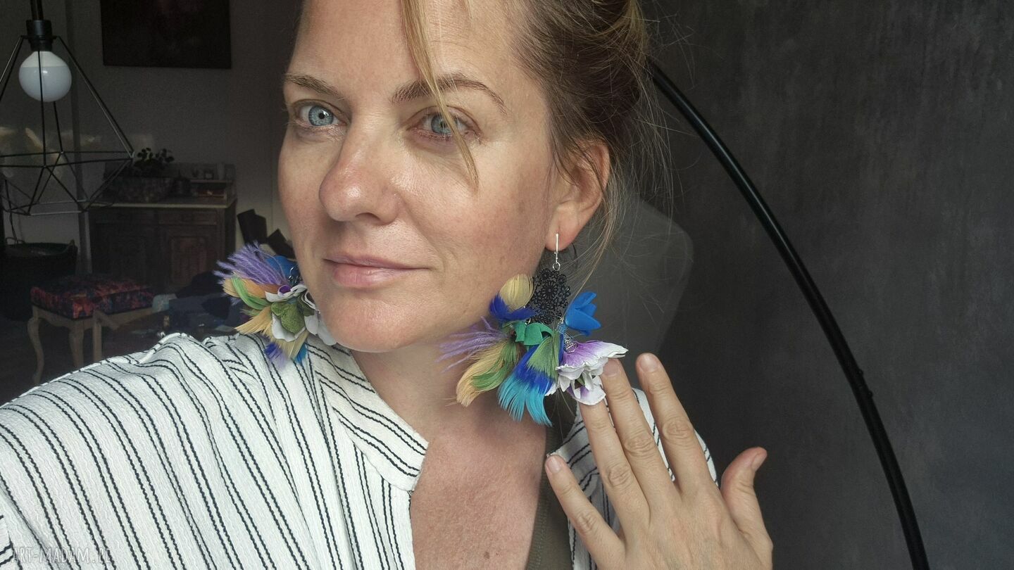 Klipsy pióra i kwiaty - duże boho Frida