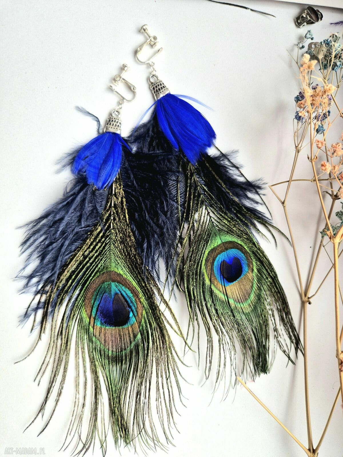 Klipsy z piórami boho - handmade w pojedynczym egzemplarzu