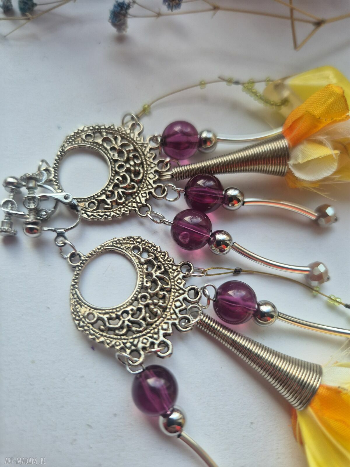 Klipsy handmade w pojedynczym egzemplarzu - duże i lekkie pióra boho etno