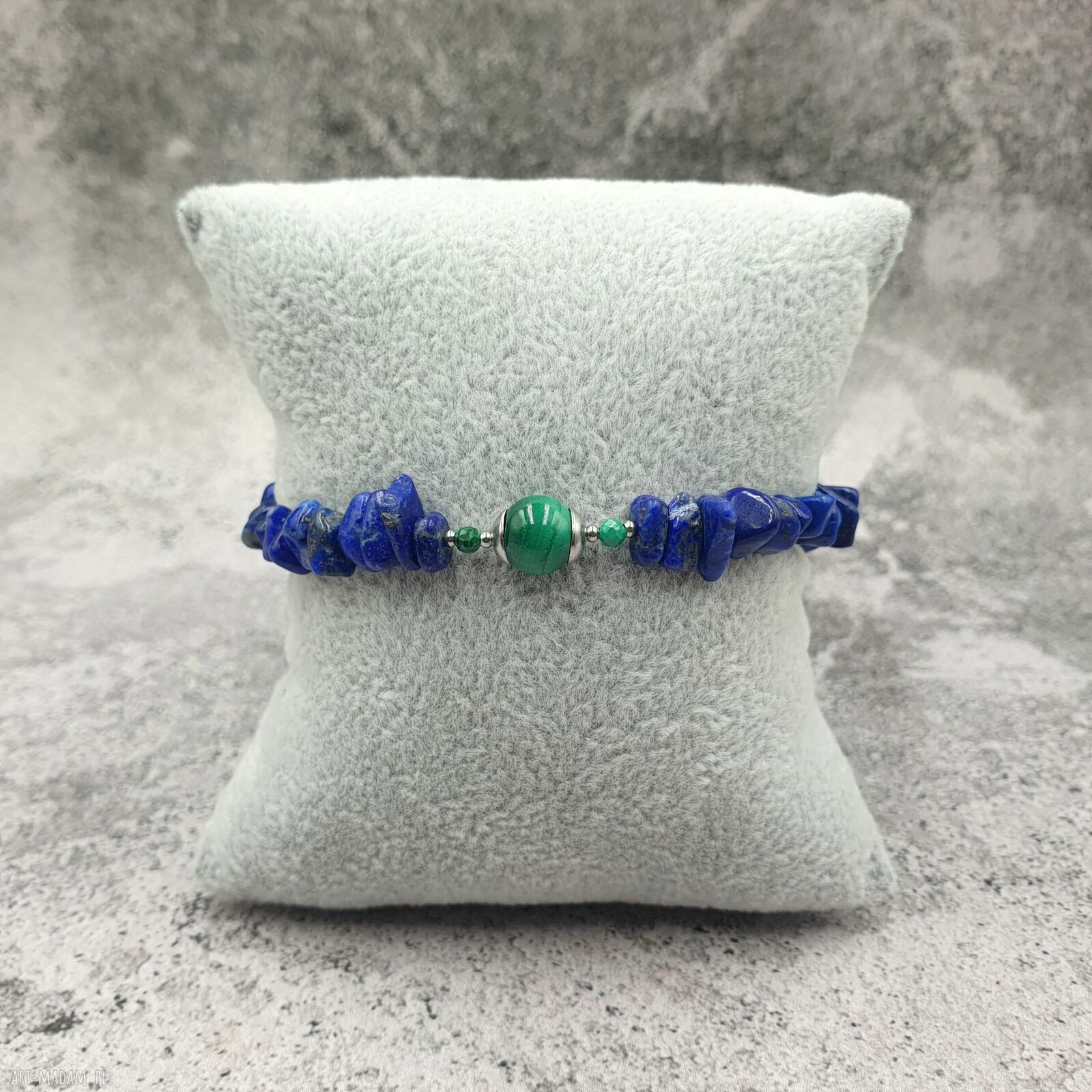 Bransoletka kobaltowa z lapis-lazuli i malachitem - regulowana ze stali szlachetnej