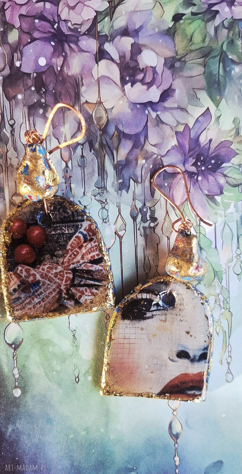 Czerwone kolczyki handmade z motywem kobiecej twarzy