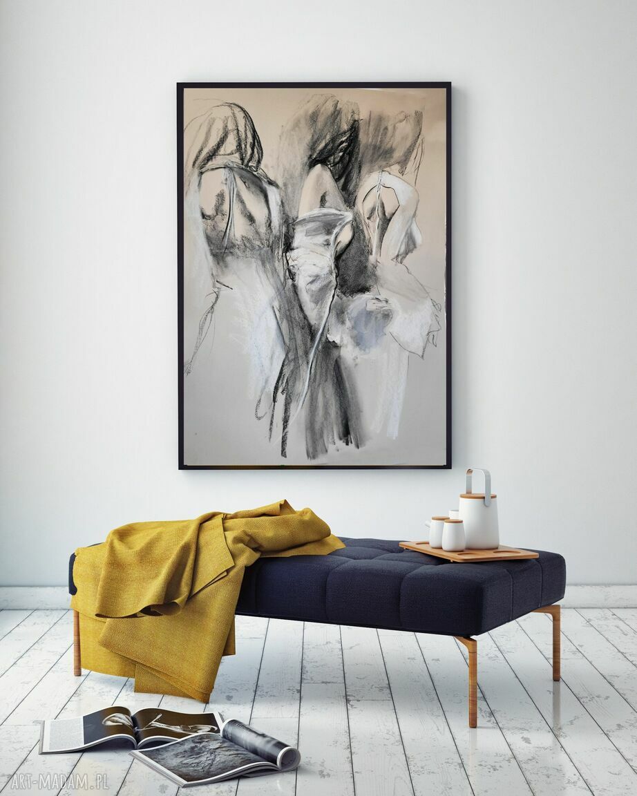 Kobiecość - obraz kobiecy 100x70 cm z węgla i białego pastu