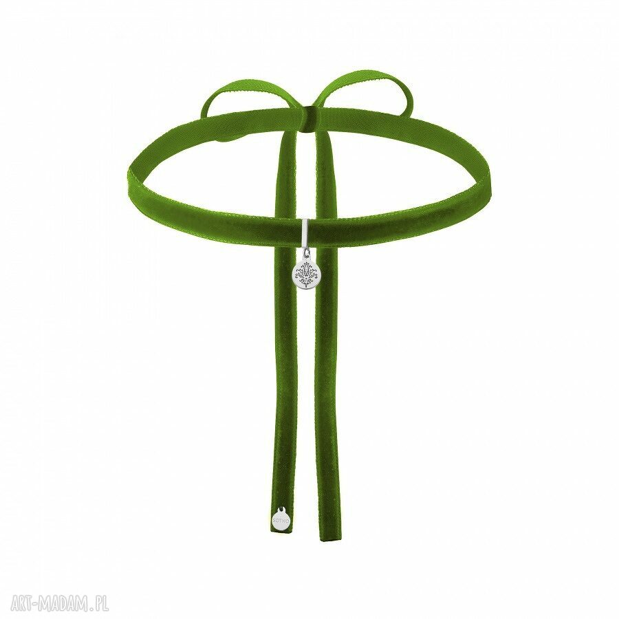 Oliwkowy aksamitny choker srebrnĄ rozetkĄ modny kobiecy zawieszka