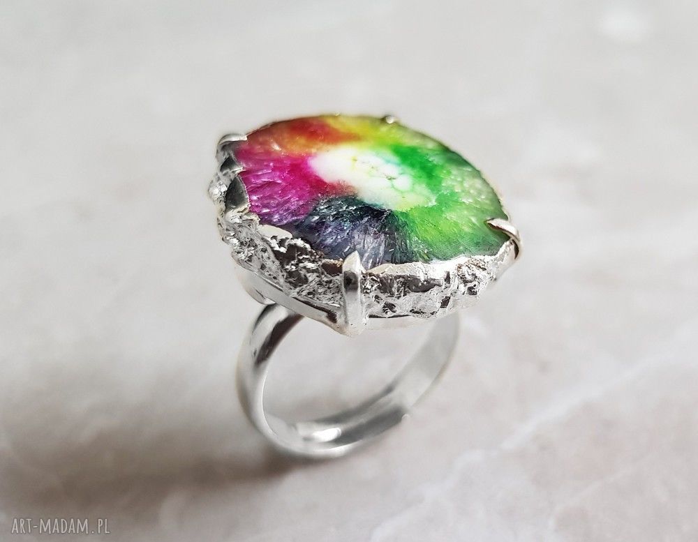 RadoŚĆ Życia pierścionek kwarcem solarnym posrebrzany solar kwarc