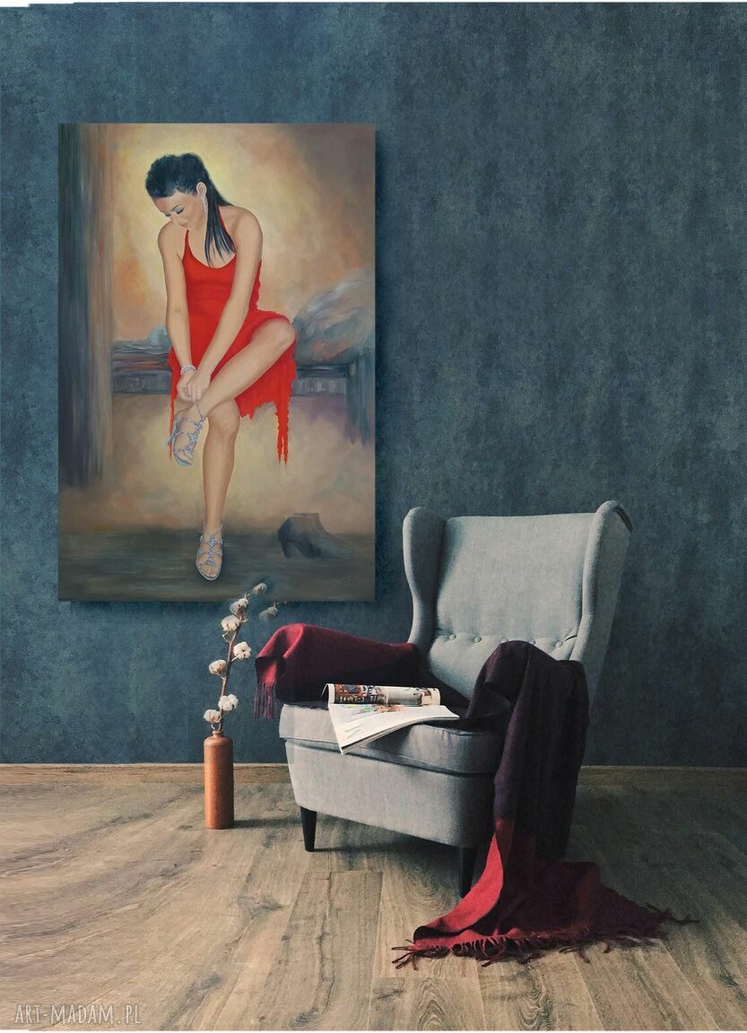 Kobiecy urok czerwieni - obraz olejny 90 x 60 cm