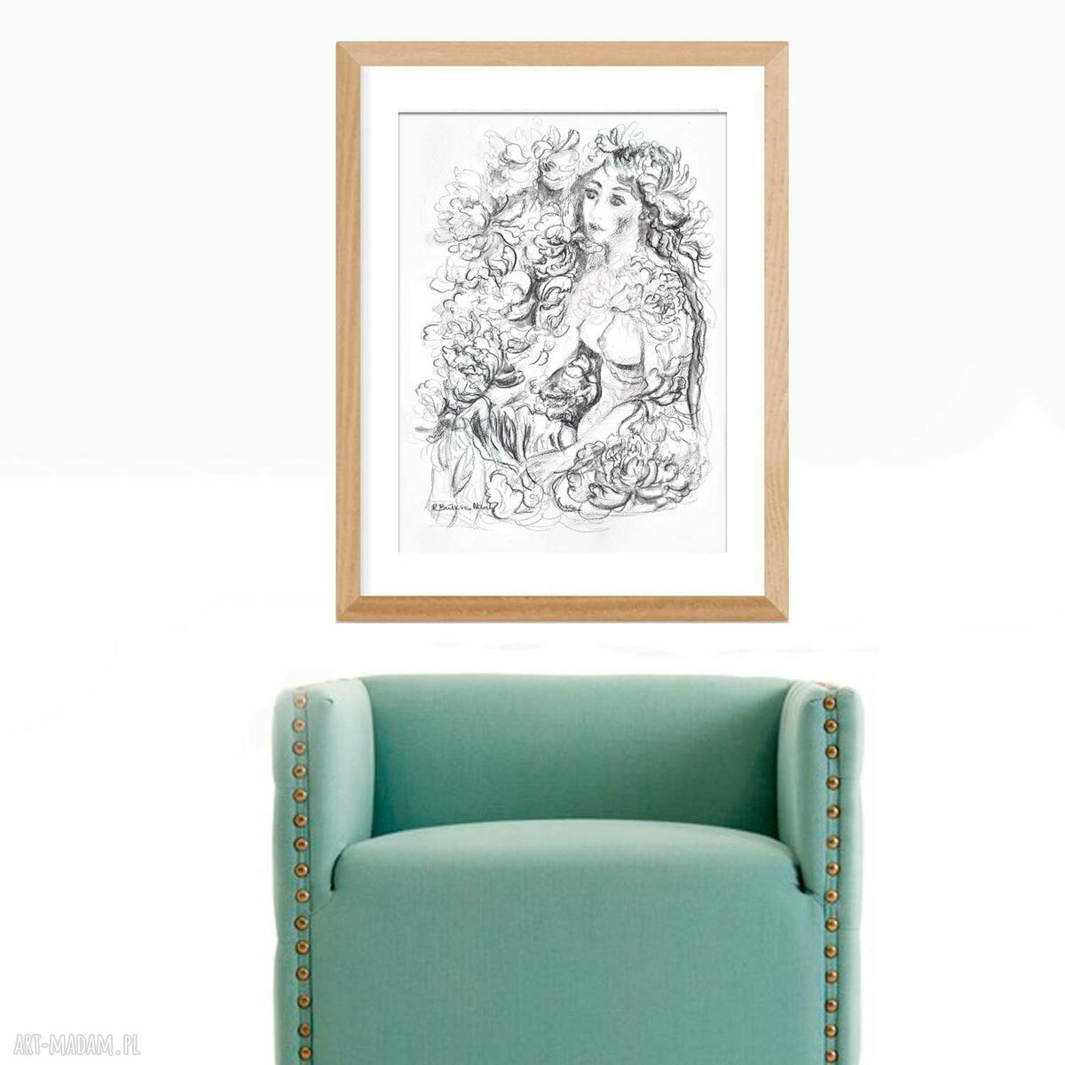 Czarno-biała grafika akt kobieta 34x46 - ręczna akwarela do salonu