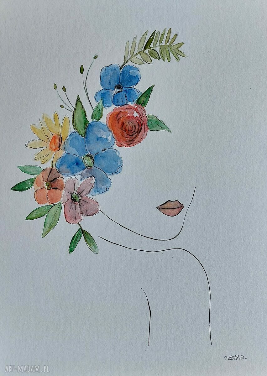 Kobieta i kwiaty - akwarela formatu 24 x 32 cm