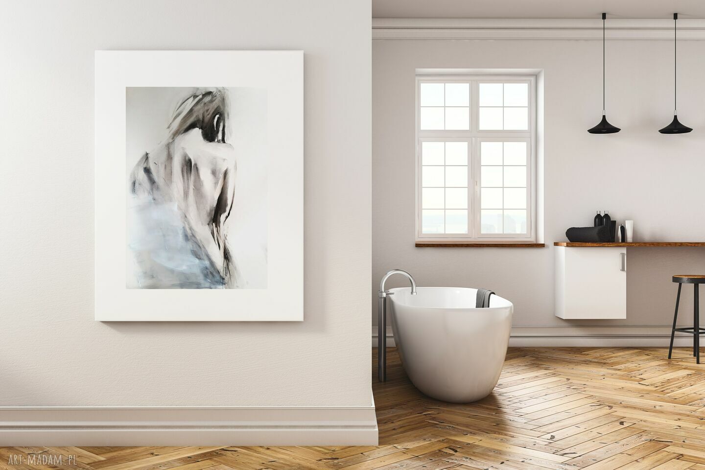 Obraz kobieta z bielą - rysunek węglem z białą farbą 46x70 cm