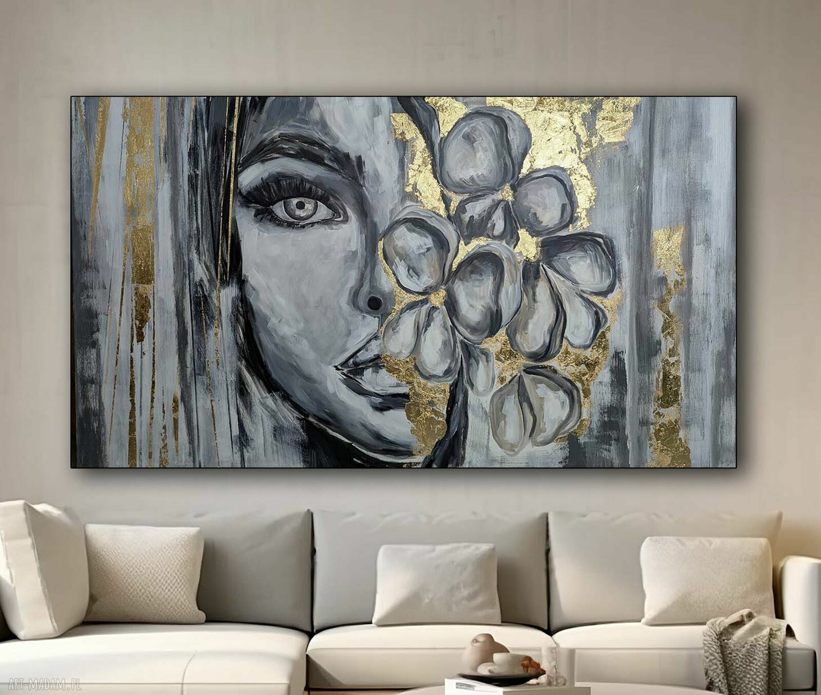 Kobiecy obraz akrylowy „Oko Duszy” 100x170 cm z płatkami złota