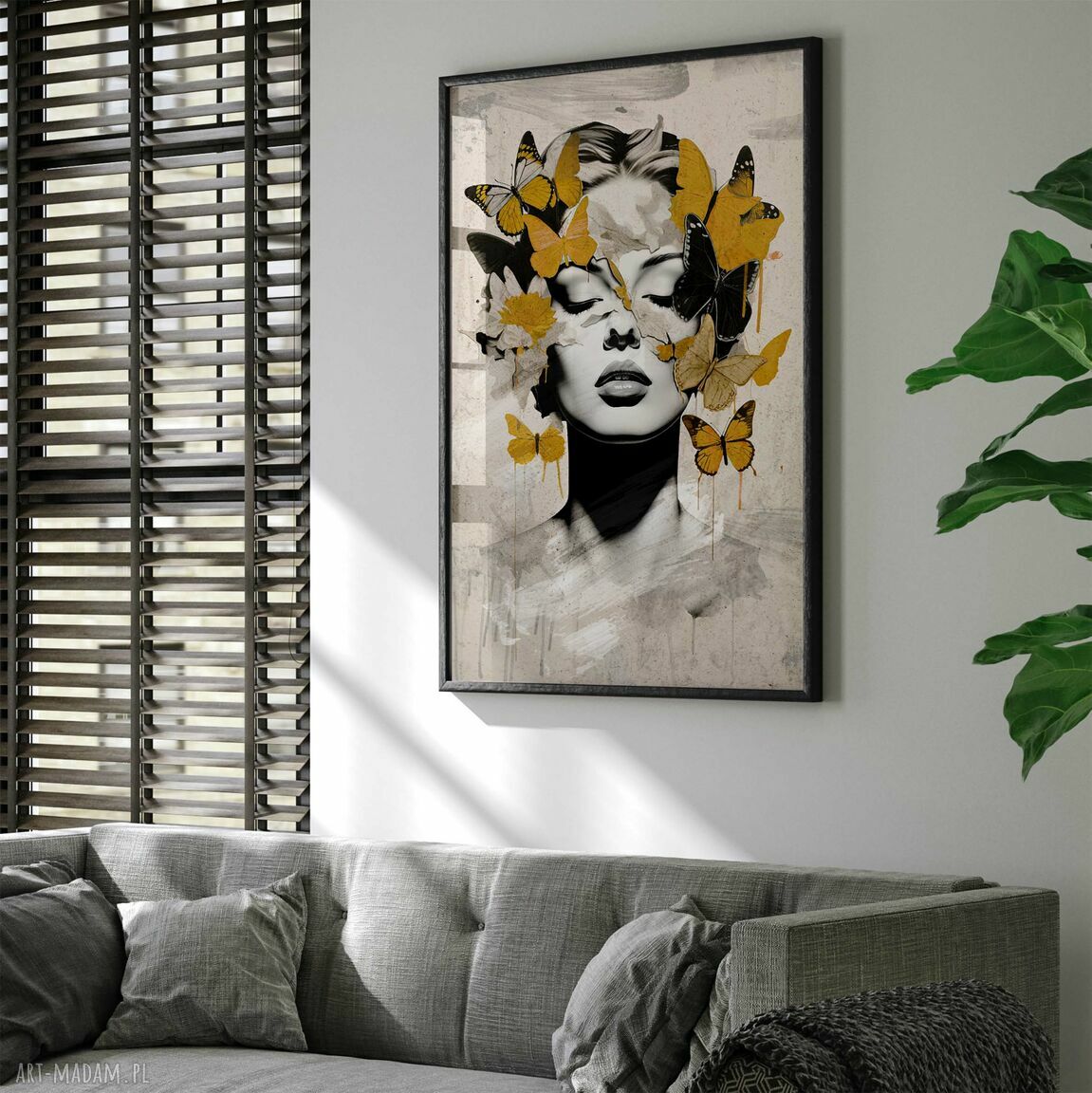 Plakat Kobieta i Motyle 50x70 cm - musztardowe motyle na satynowym papierze