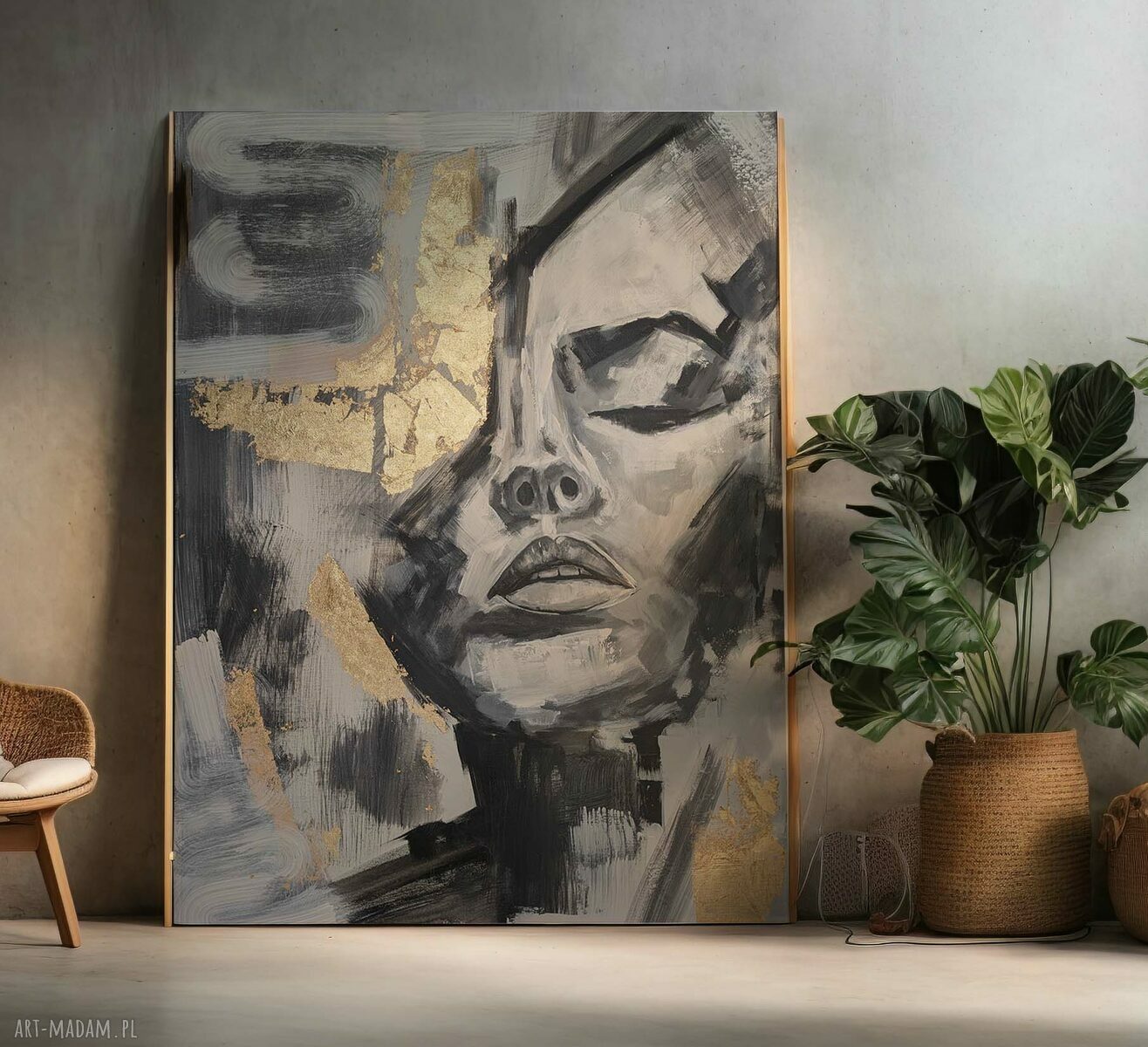 Kobieta - ręcznie malowany portret twarz 70x100 cm abstrakcja