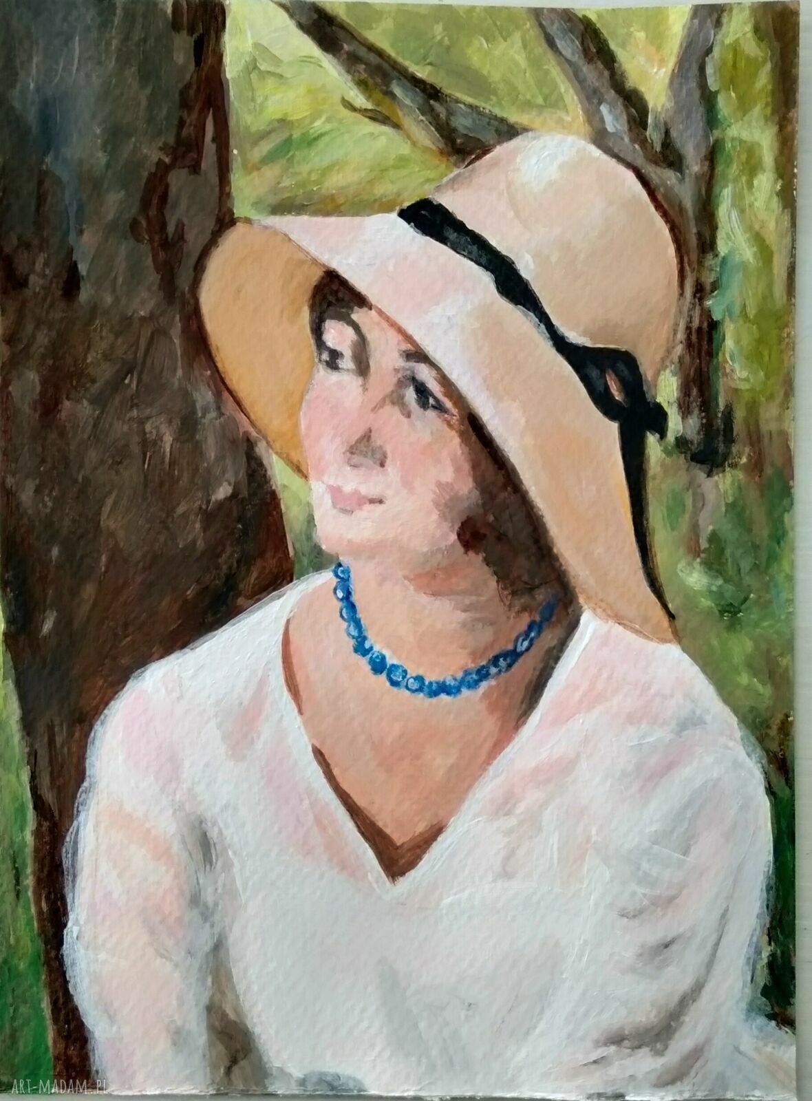 Kobieta w parku - półportret. Obraz tempera i akryl 16,5 x 23 cm