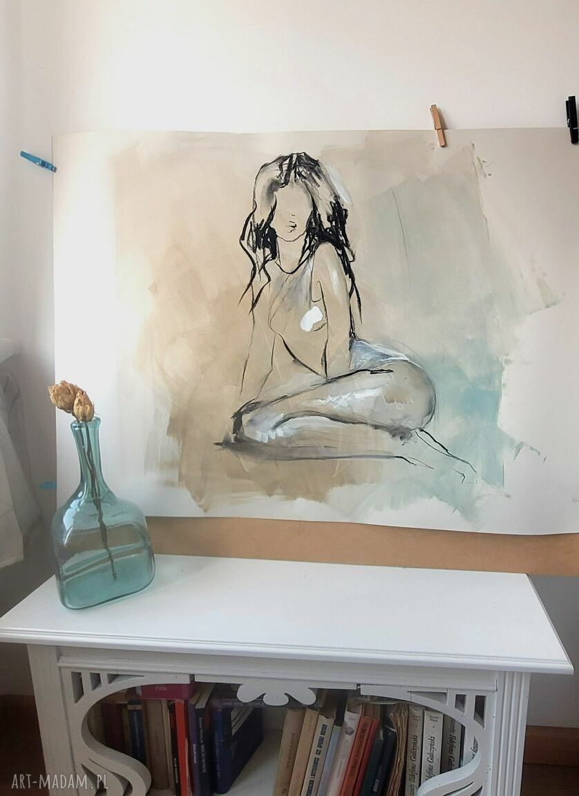 Szkic Kobiety - 100x70 cm, węgiel i akryl na szarym papierze