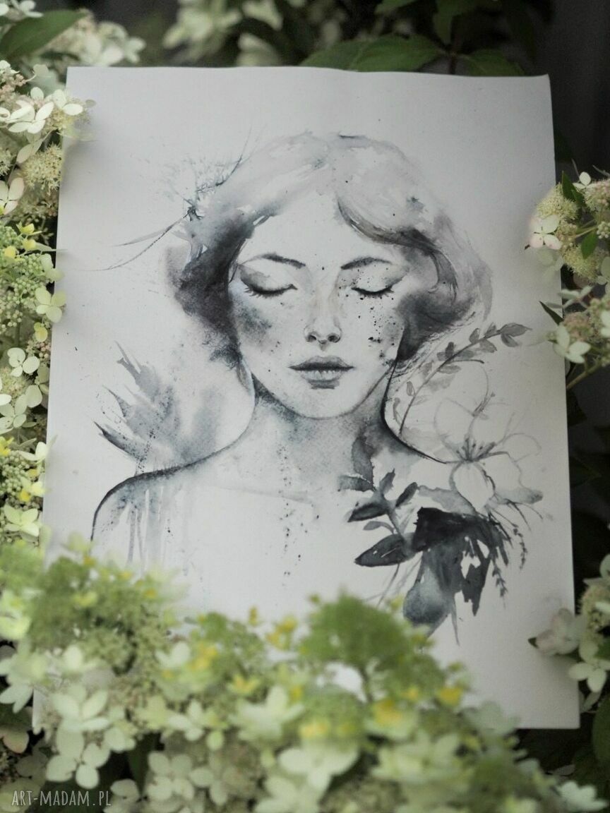 Portret kobiety w czarno-białej tonacji - akwarela A3