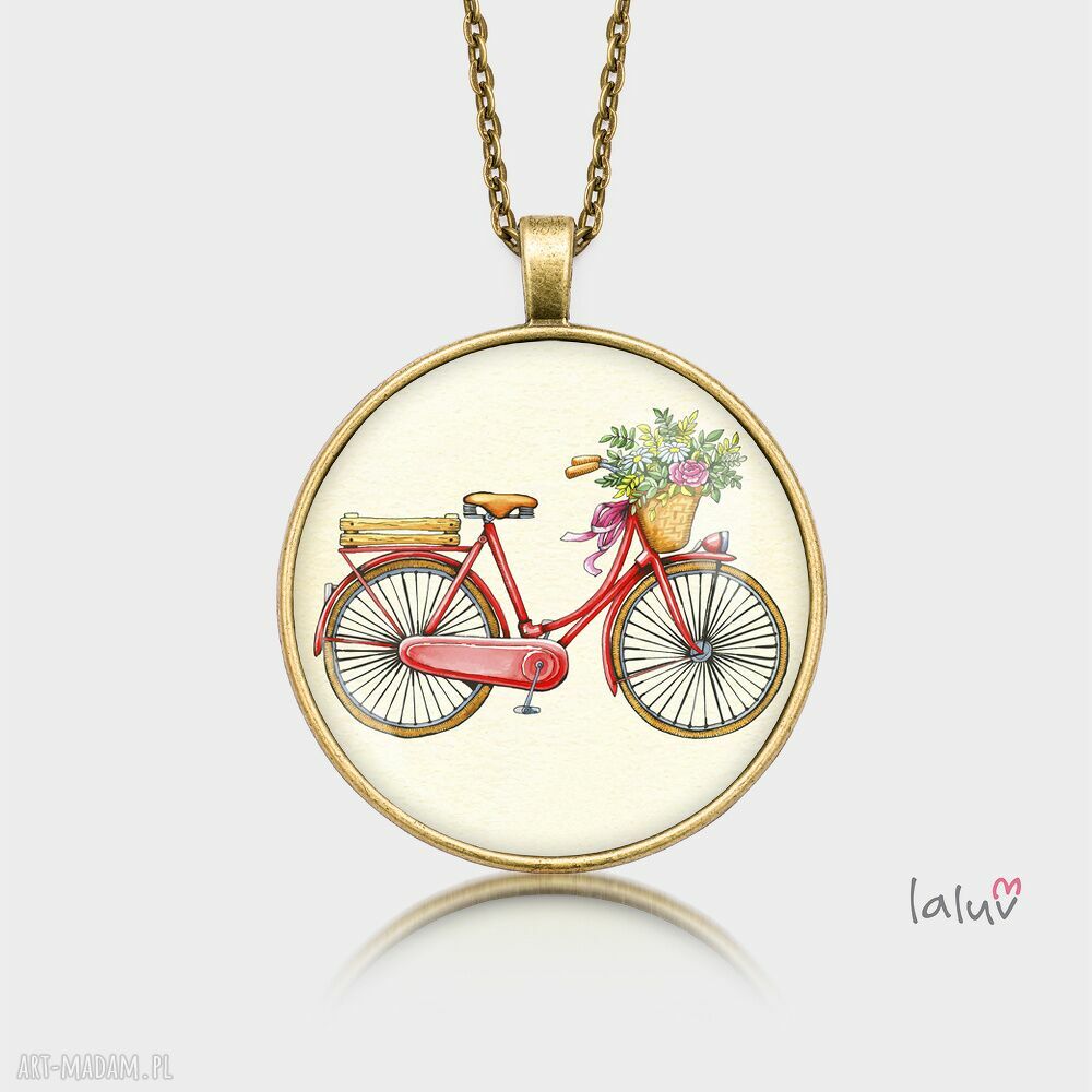 Medalion okrągły LOVE BIKE - ręcznie robiony naszyjnik z grafiką pod szkiełkiem