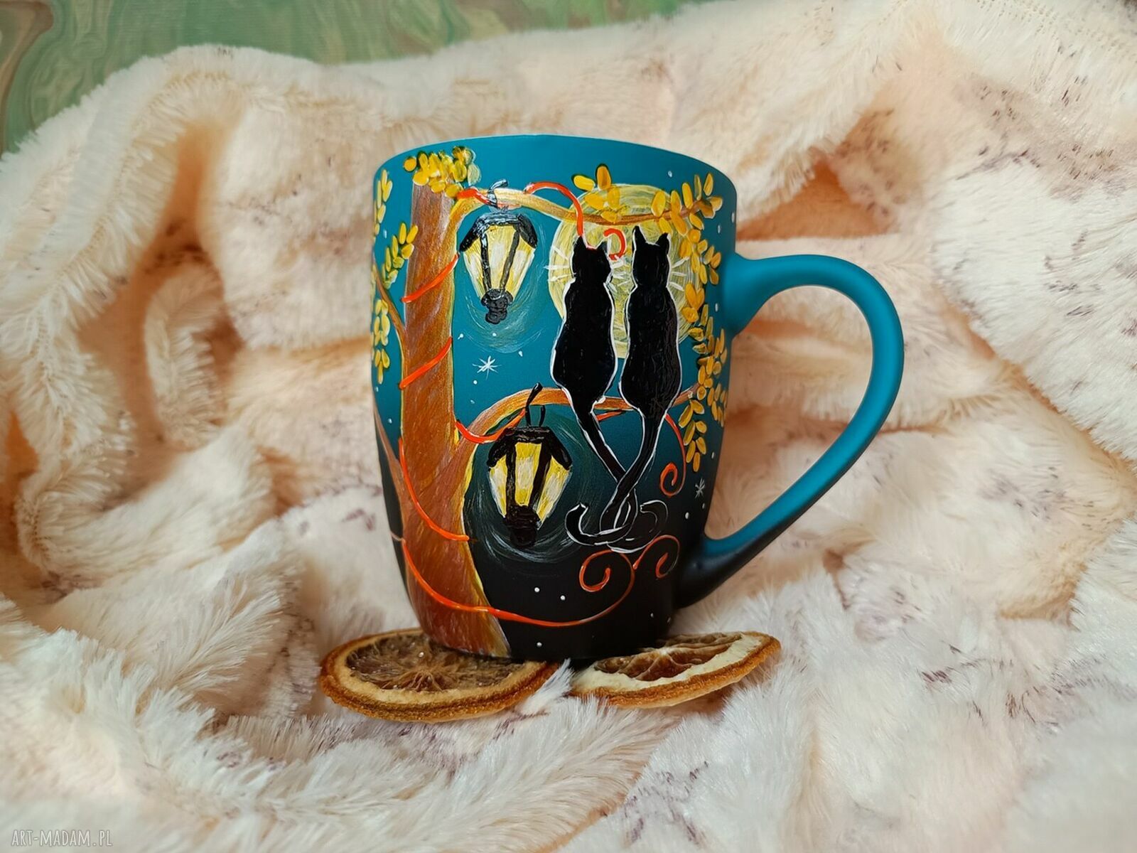 Ręcznie malowany kubek porcelanowy 300 ml - Kocia noc