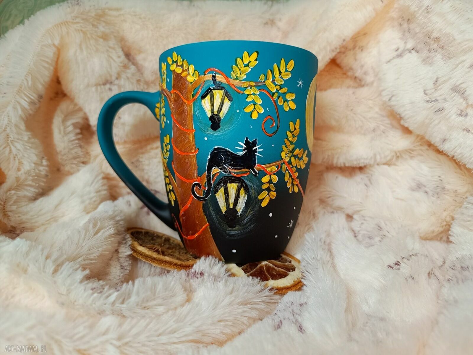 Ręcznie malowany kubek porcelanowy 300 ml - Kocia noc