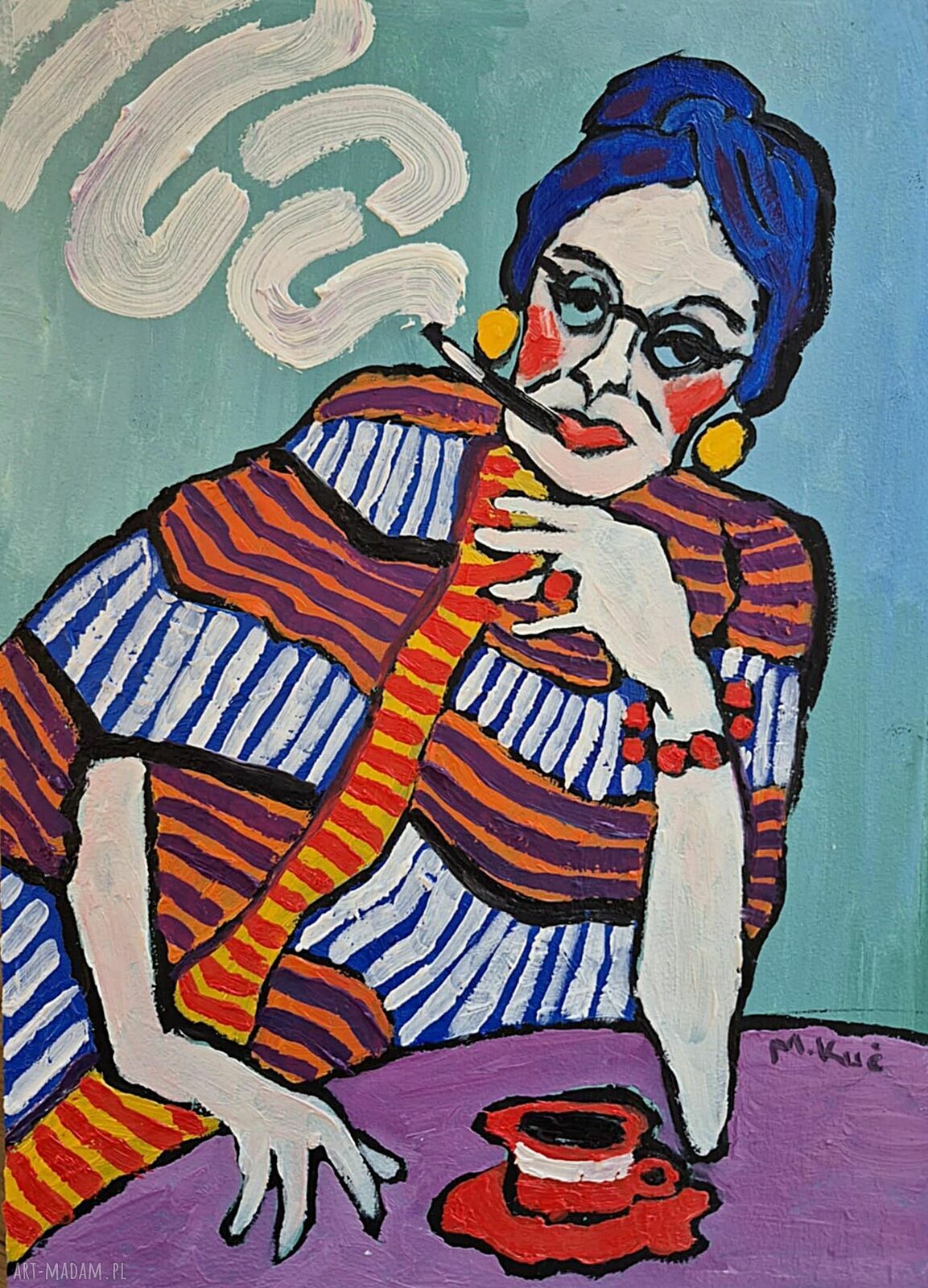 Obraz do salonu Babcia Pasiaste myśli, ręcznie malowany olejny portret 21/29 cm