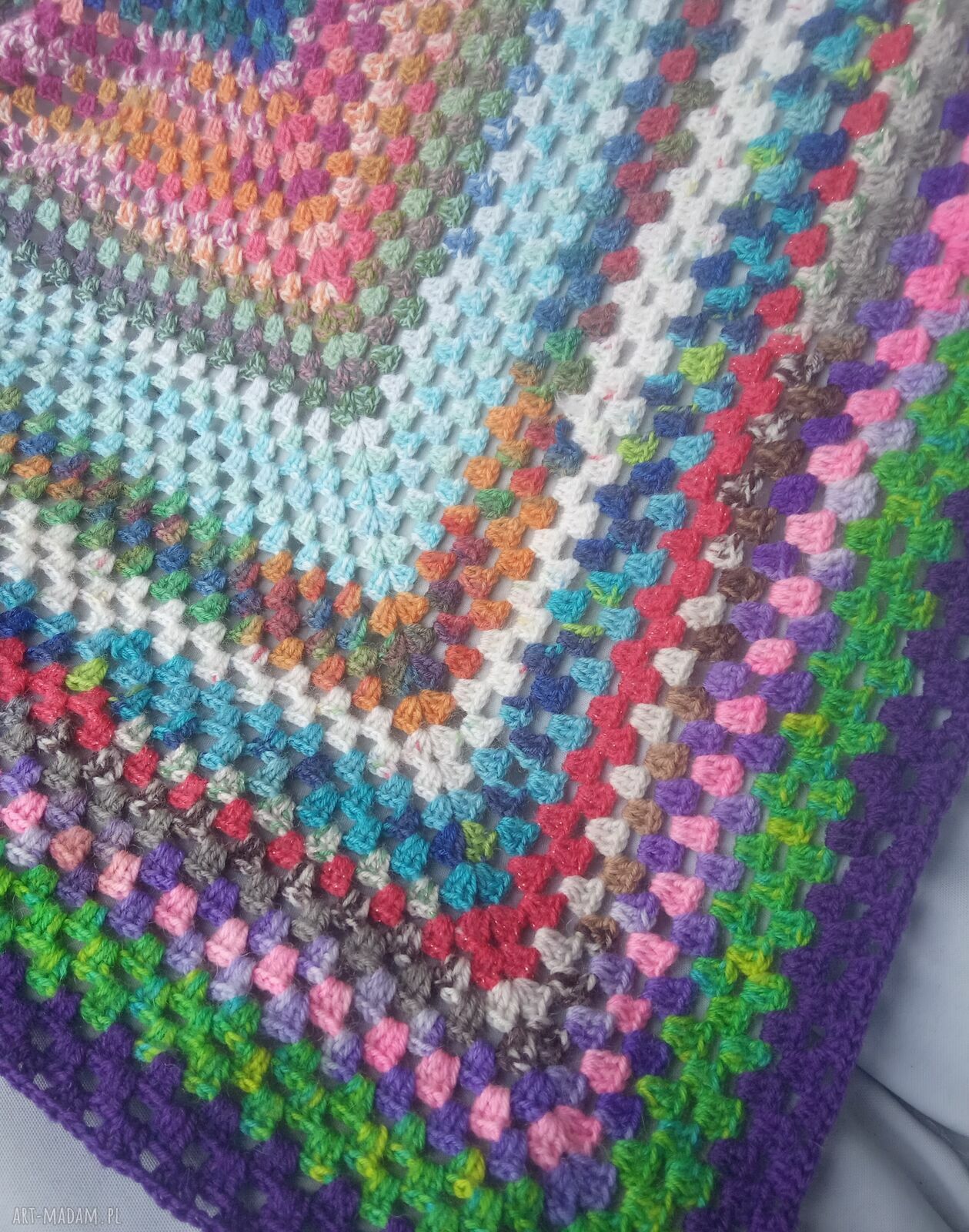 Kolorowy kocyk kwadrat na szydełku 85 x 85 cm - ręcznie robiony
