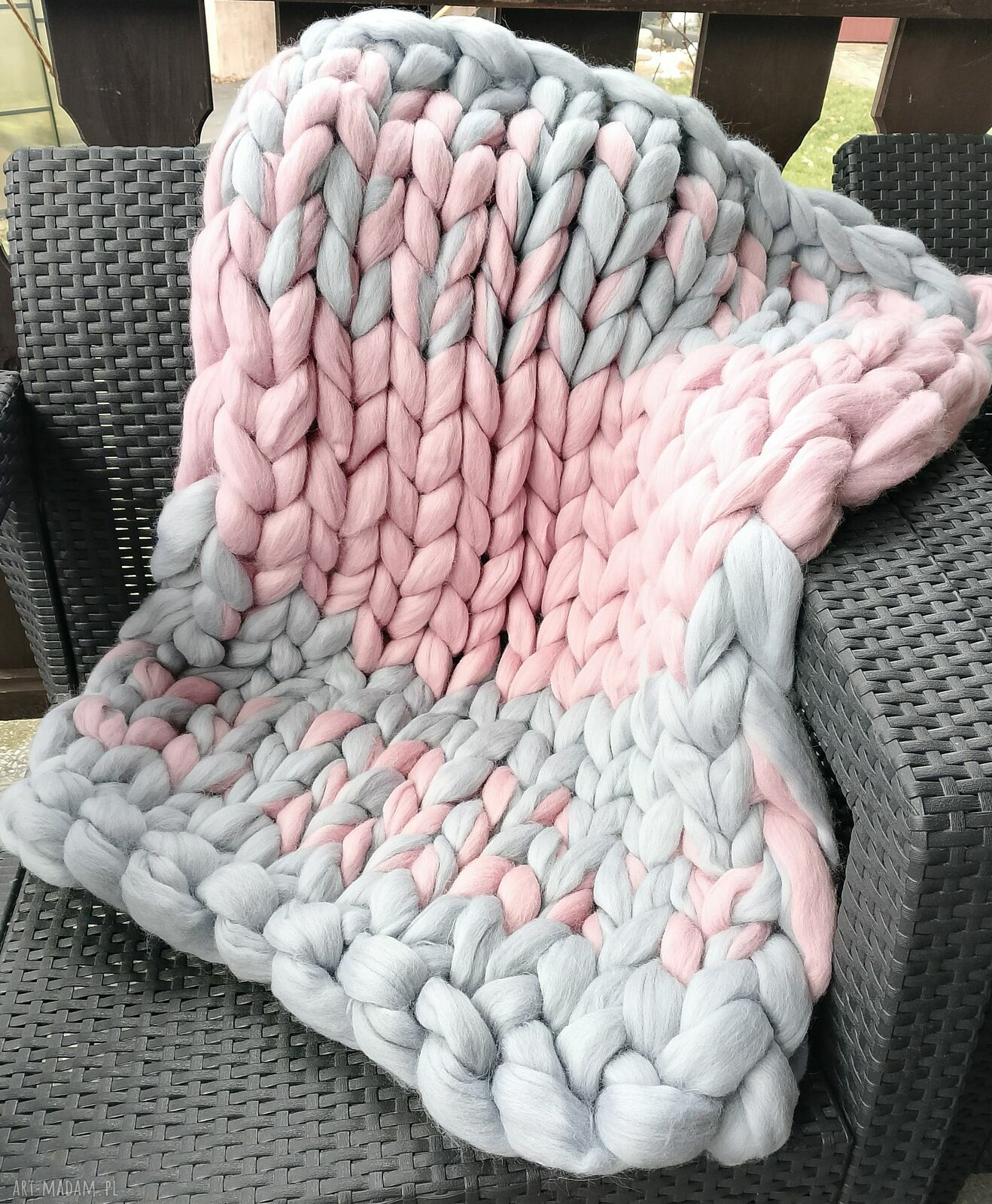 Ręcznie robiony kocyk z wełny czesankowej 100% merynos - 70x90