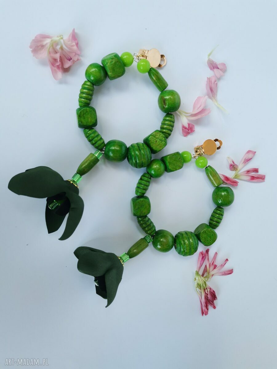Klipsy koła w zieleni z kwiatami - boho etno folk Frida