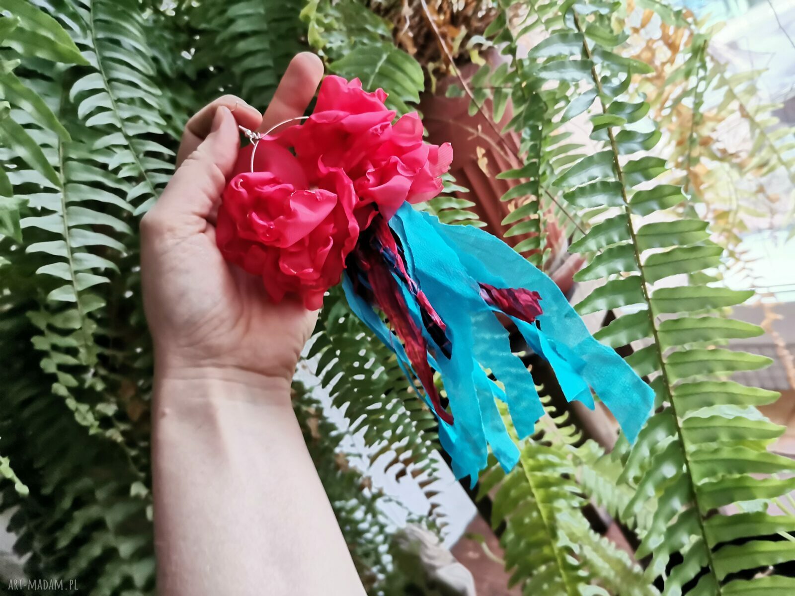 Kolczyki długie koła Łowickie pająki - boho folk, kolorowe