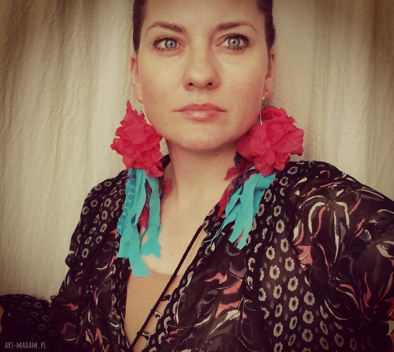 Kolczyki długie koła Łowickie pająki - boho folk, kolorowe