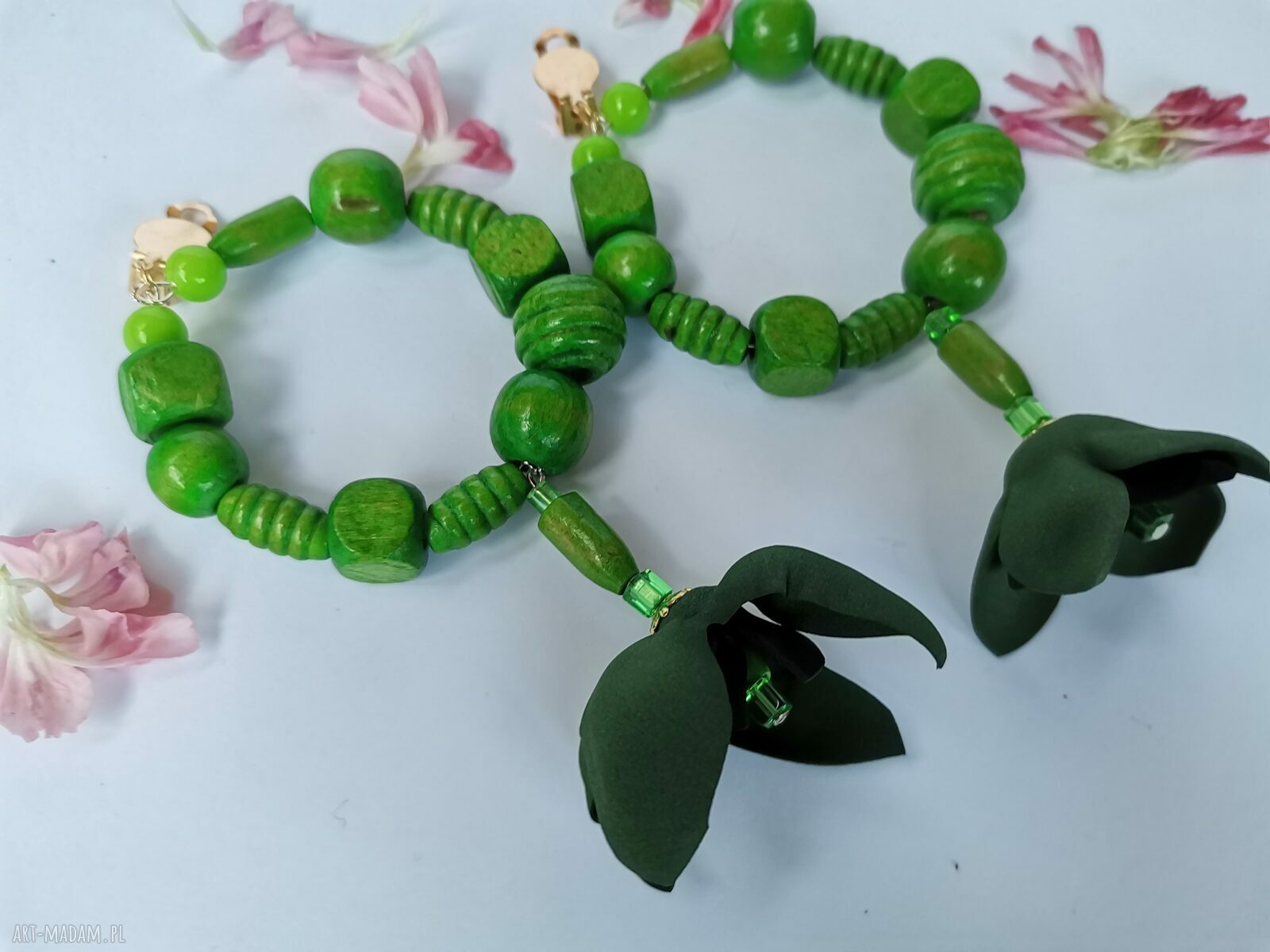 Klipsy koła w zieleni z kwiatami - boho etno folk Frida