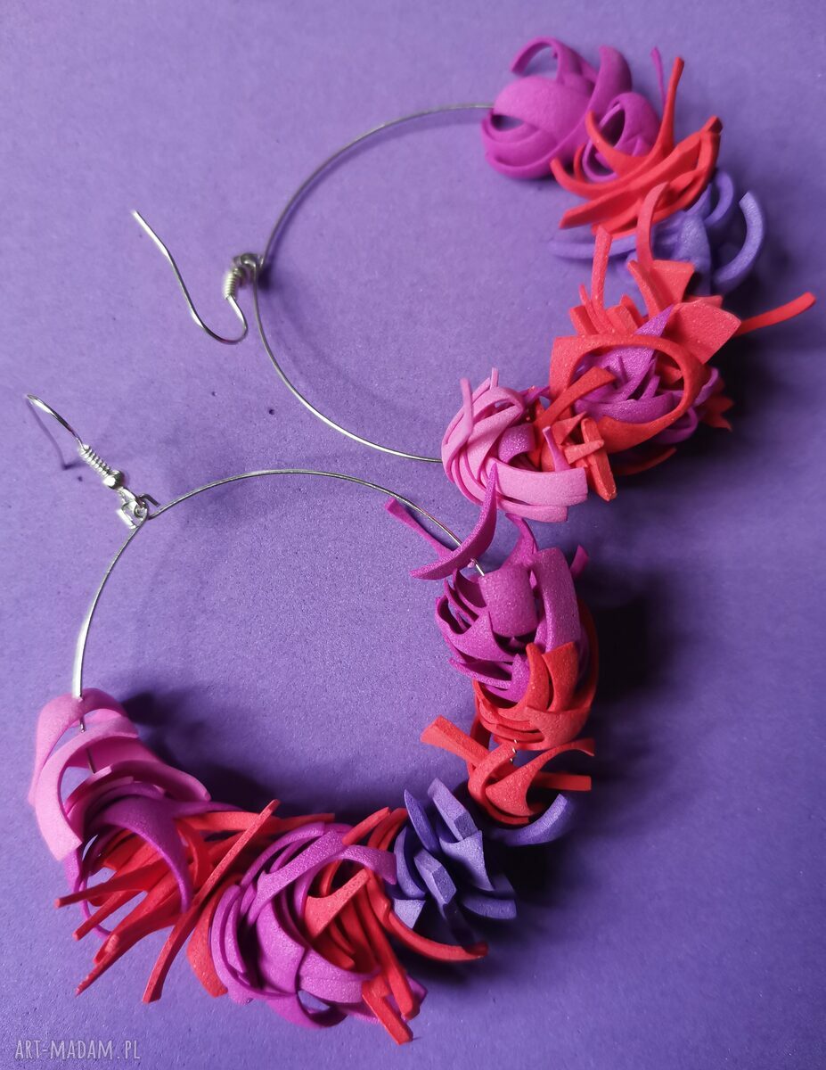 Kolczyki koła czerwono-fioletowe handmade - boho Frida Ruda Klara