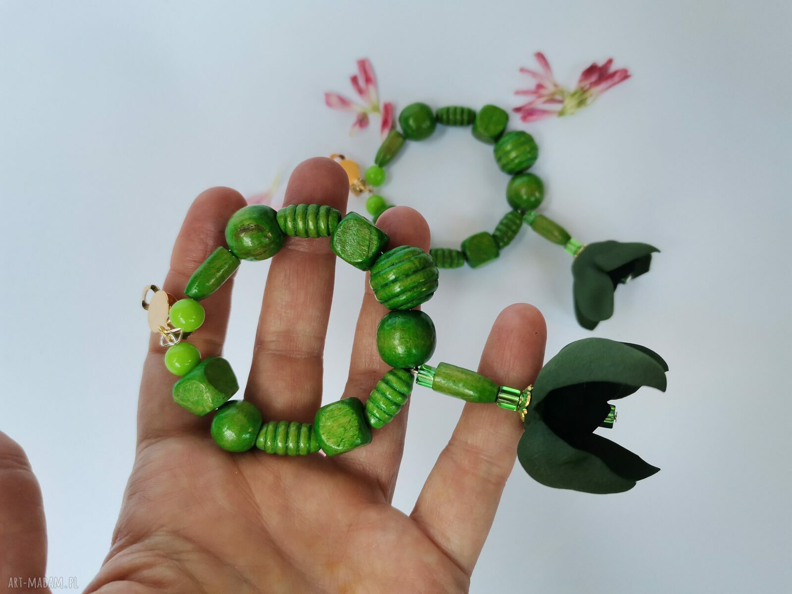 Klipsy koła w zieleni z kwiatami - boho etno folk Frida