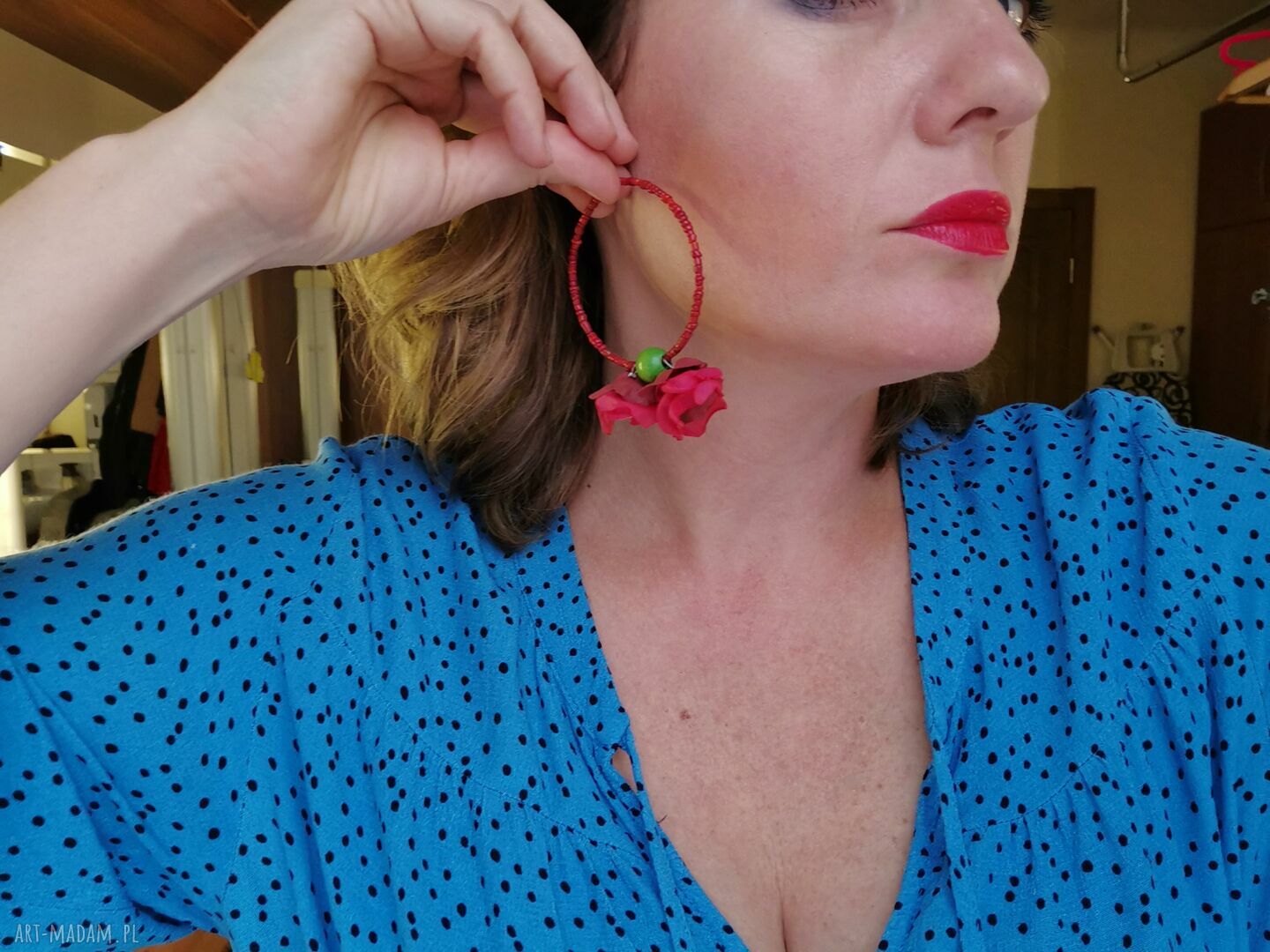 Lekkie klipsy koła kwiatowe w stylu folk i etno - handmade Ruda Klara