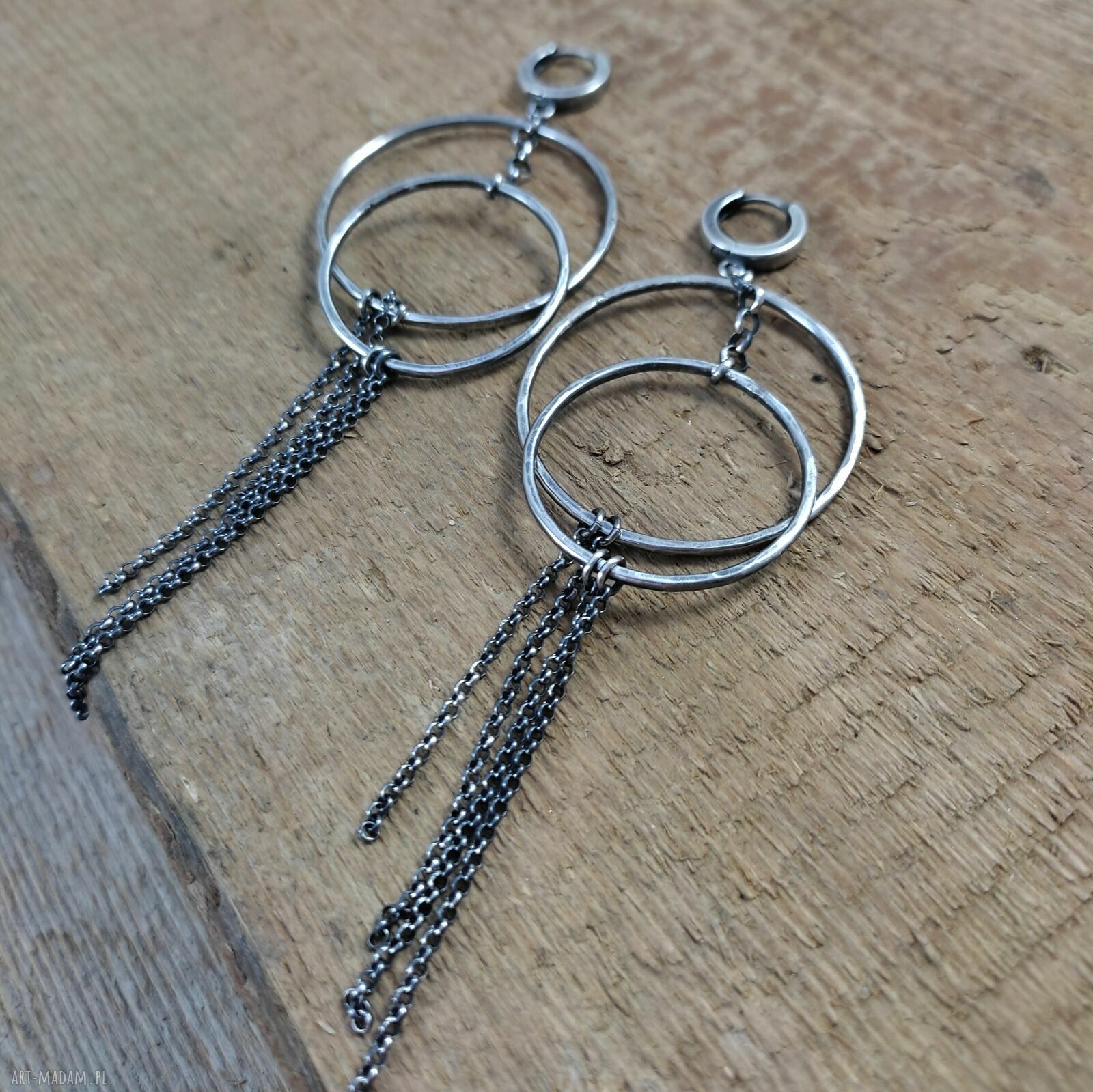 Kolczyki koła z łańcuszkami - srebro 925 oksydowane, 11 cm